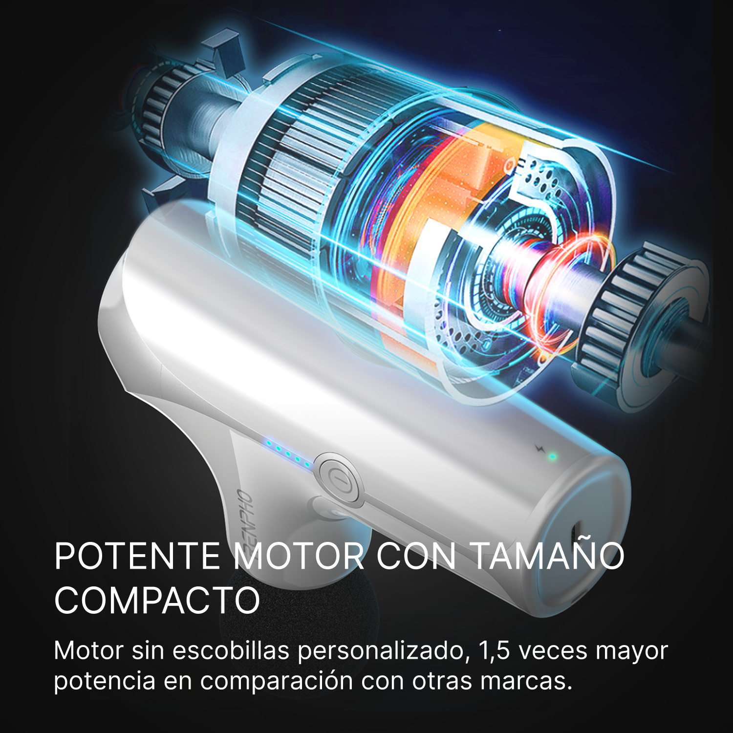 Una pistola de masaje blanca con una vista detallada de su potente motor.