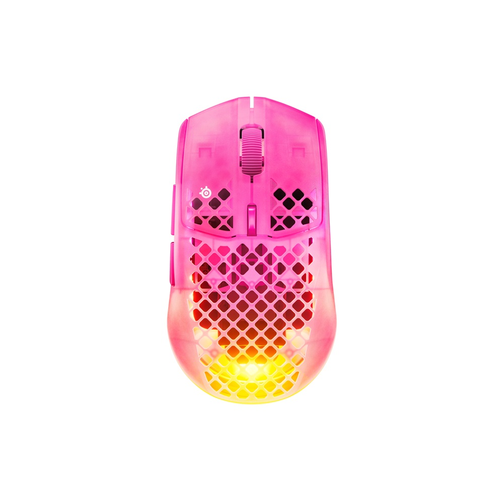 Bal peteği tasarımlı ve RGB aydınlatmalı parlak pembe oyuncu faresi.