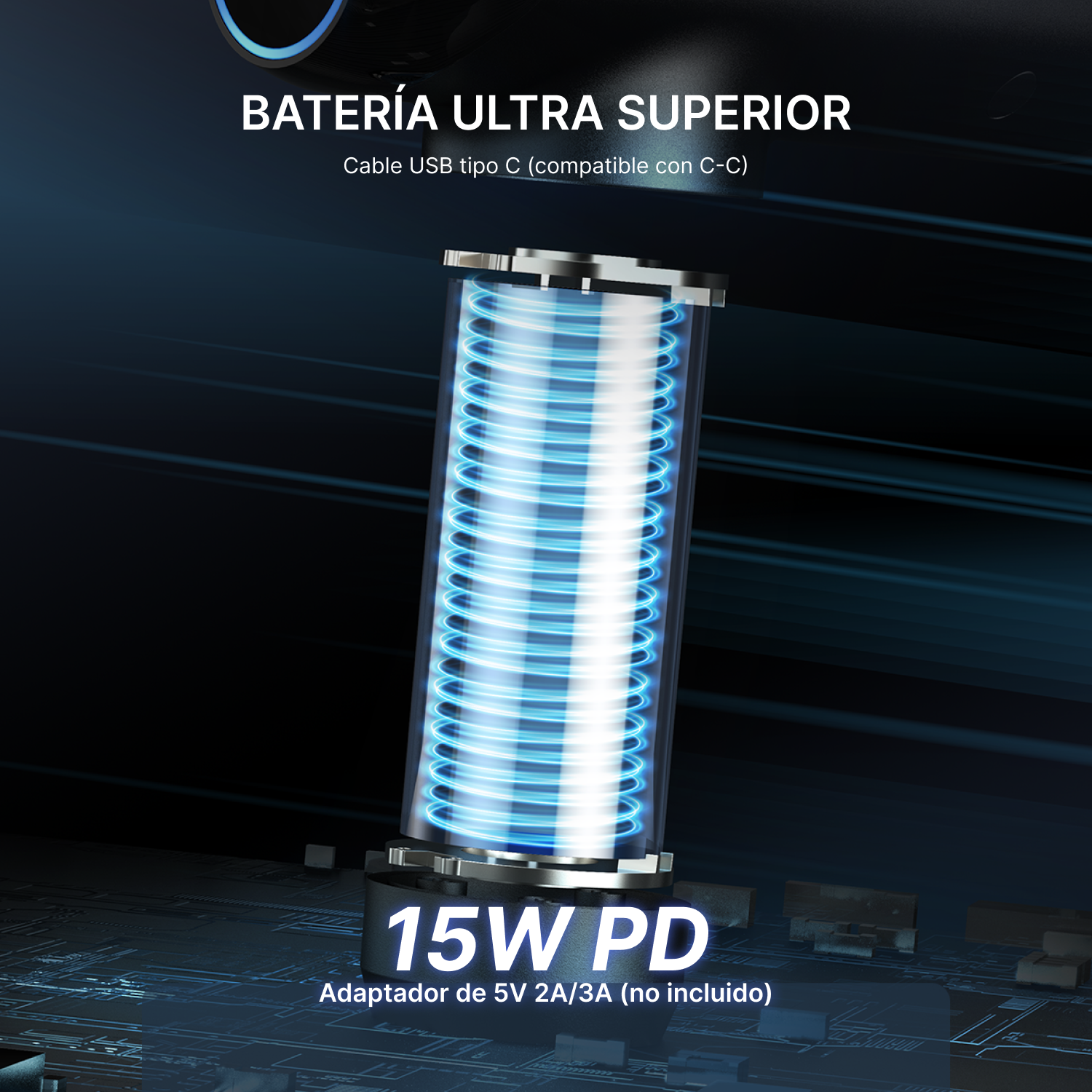 Bobina azul brillante en un cilindro, se muestra 15W PD debajo.