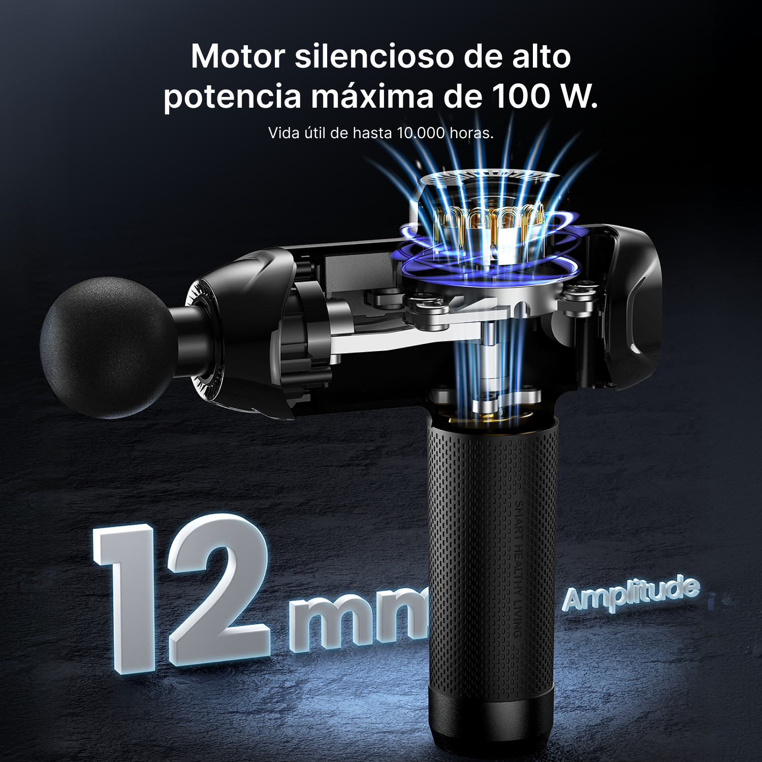 Pistola de masaje negra con 12 mm de amplitud y motor de 100 W.