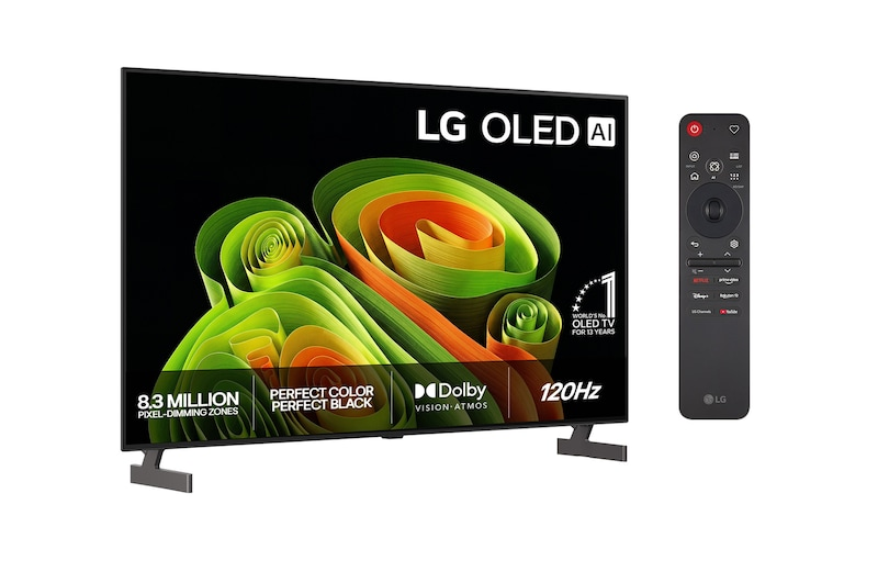 LG OLED TV mit Fernbedienung, zeigt abstrakte grüne und orangefarbene Muster.