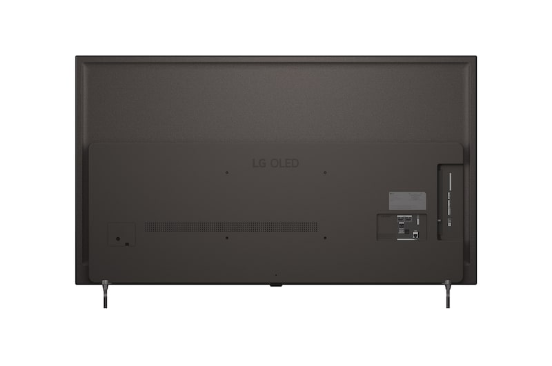 Rückseite eines dunklen Fernsehers mit LG OLED-Logo und Anschlüssen.
