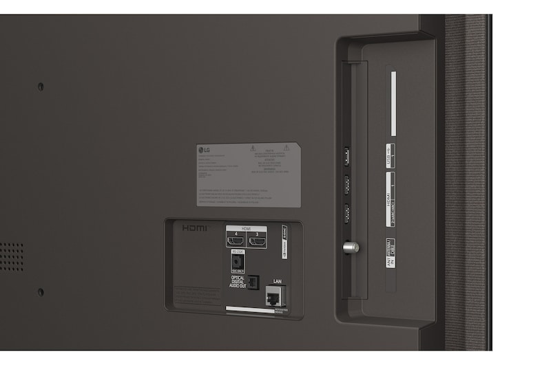 Rückseite eines Fernsehers mit Anschlüssen: HDMI, USB, LAN, Audioausgang und Antenneneingang.