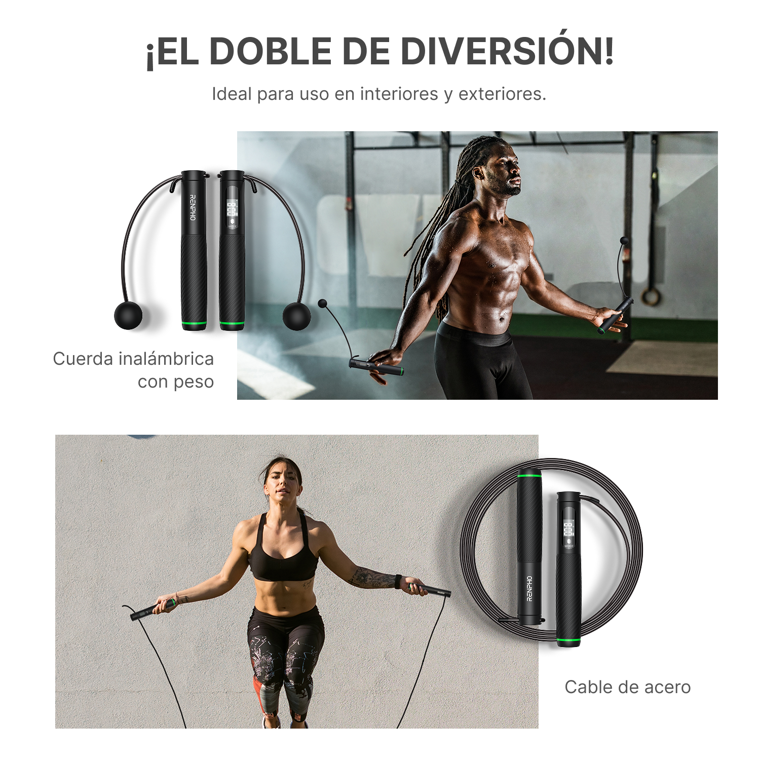 Hombre con rastas salta la cuerda en un gimnasio. Primer plano de dos cuerdas inalámbricas.