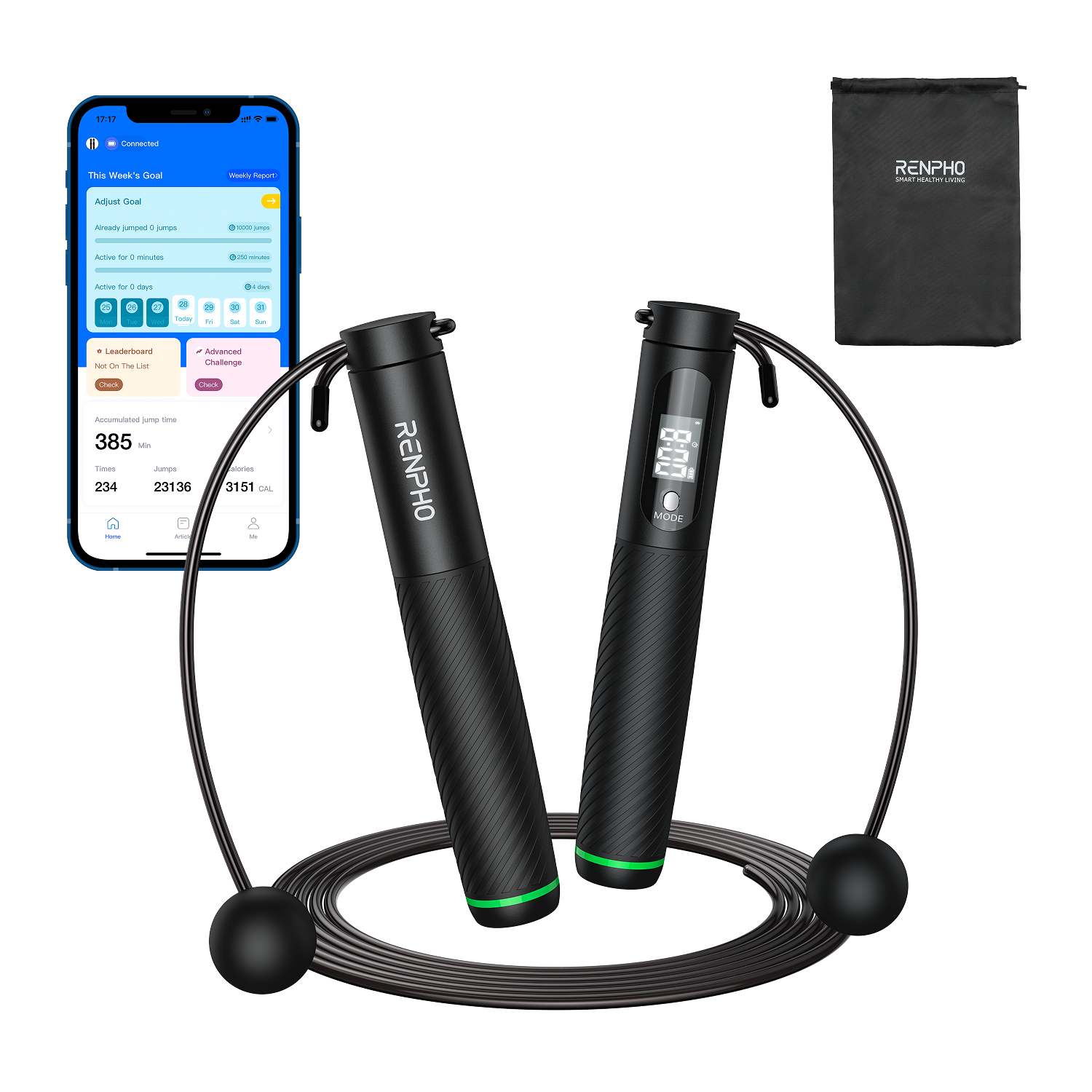 Cuerda de saltar inteligente con app, dos mangos, un cordón y una bolsa de almacenamiento negra.
