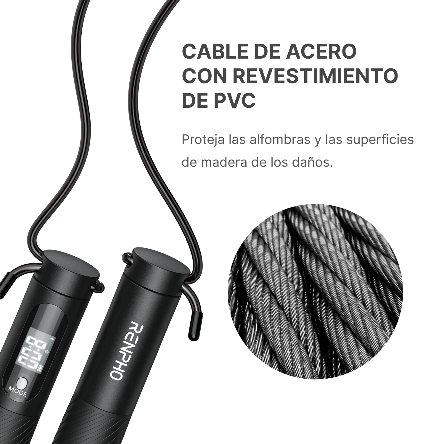 Cuerda de saltar negra con pantalla LCD y primer plano de cable de acero con revestimiento de PVC.