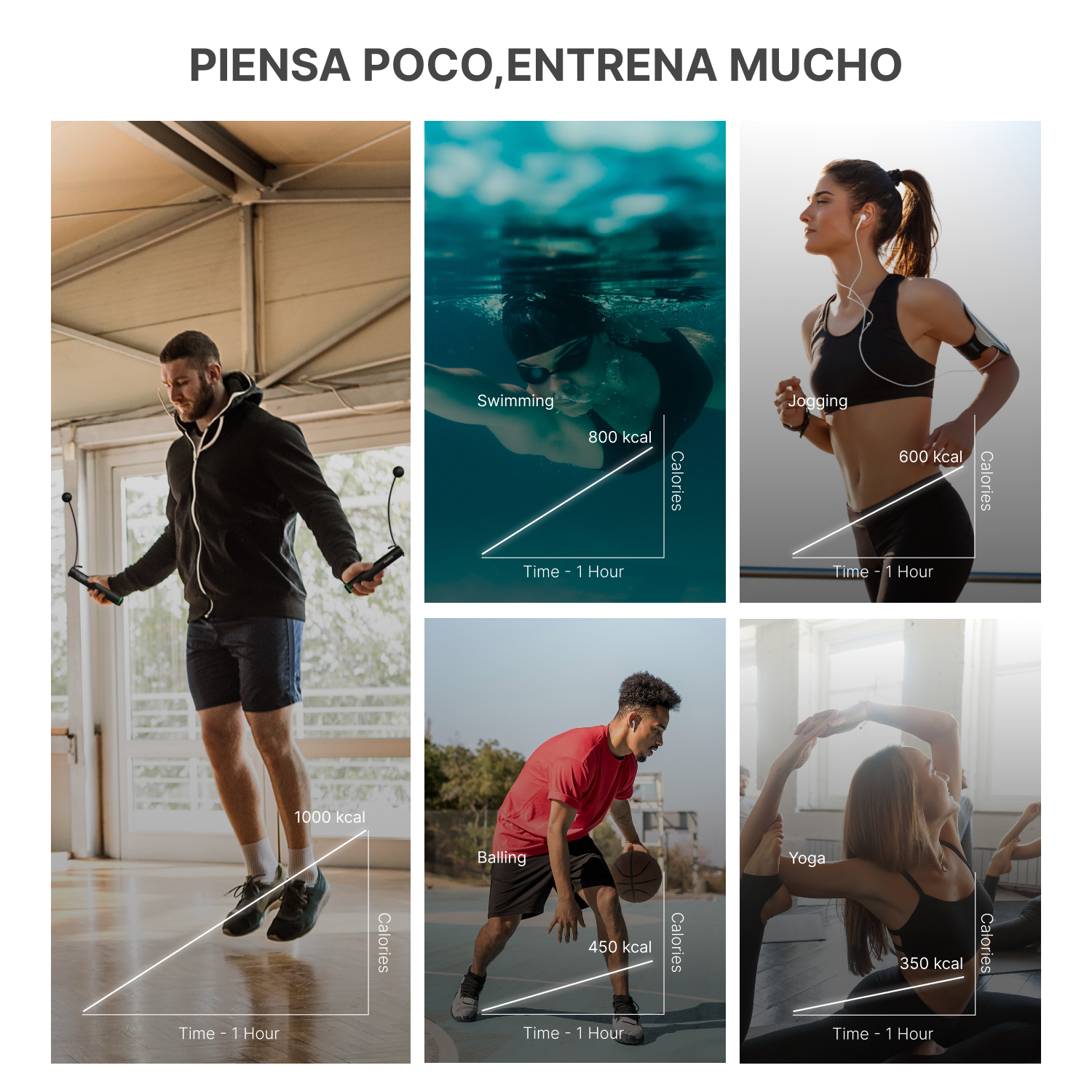 Hombre salta la cuerda, nadador, corredor, jugador de baloncesto, instructor de yoga.