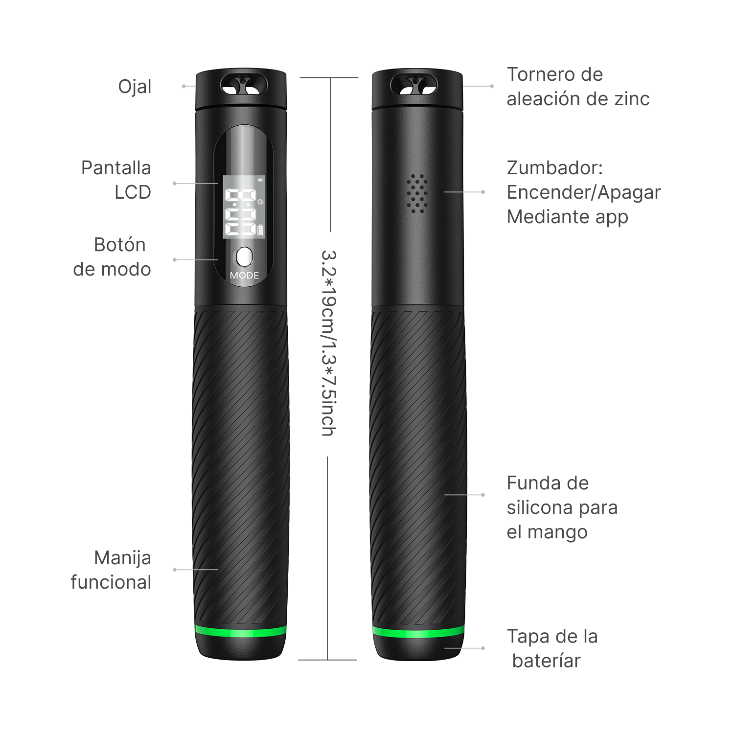 Cuerda de saltar digital negra con pantalla LCD, mango y compartimento de batería.