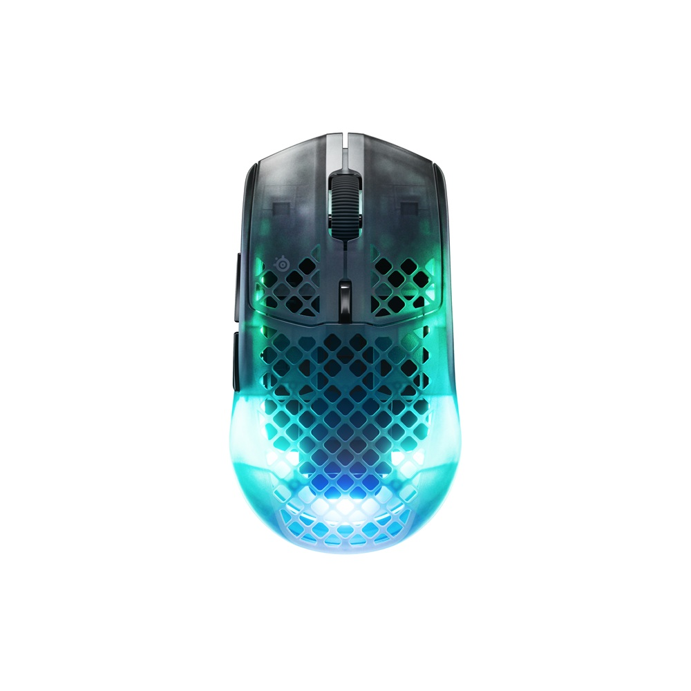 Mavi ve yeşil RGB aydınlatmalı şeffaf oyuncu faresi.