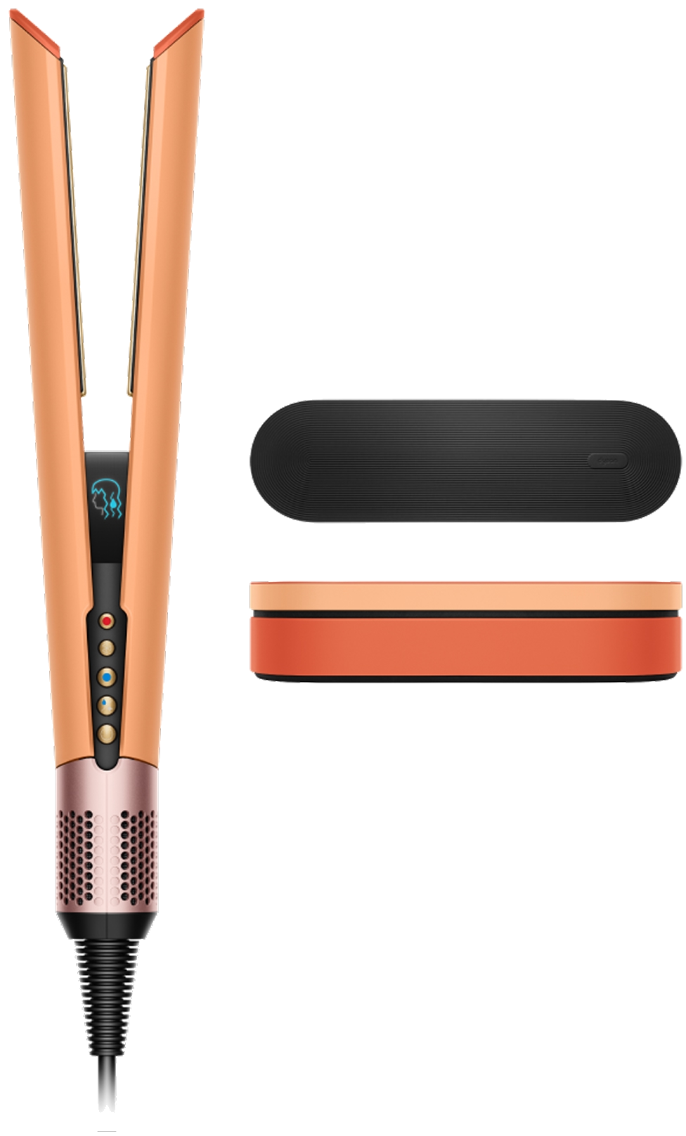 Orange Haarglätter mit schwarzer Hülle und Ladestation.
