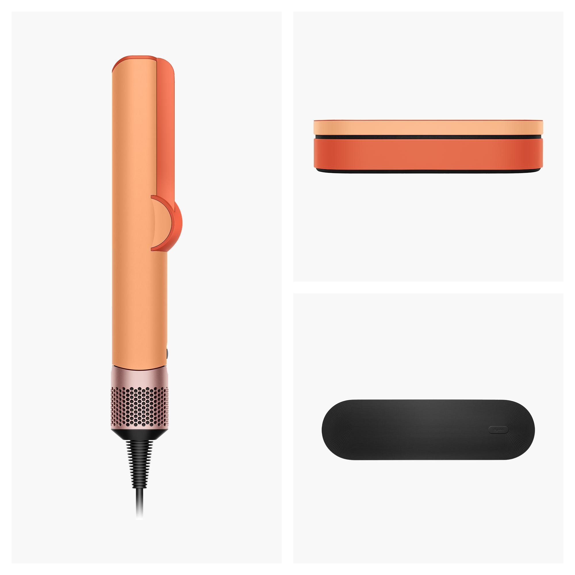 Orange Haartool mit Roségoldbasis und schwarzem Kabel, plus orange/pfirsichfarbene Hülle und schwarze Matte.