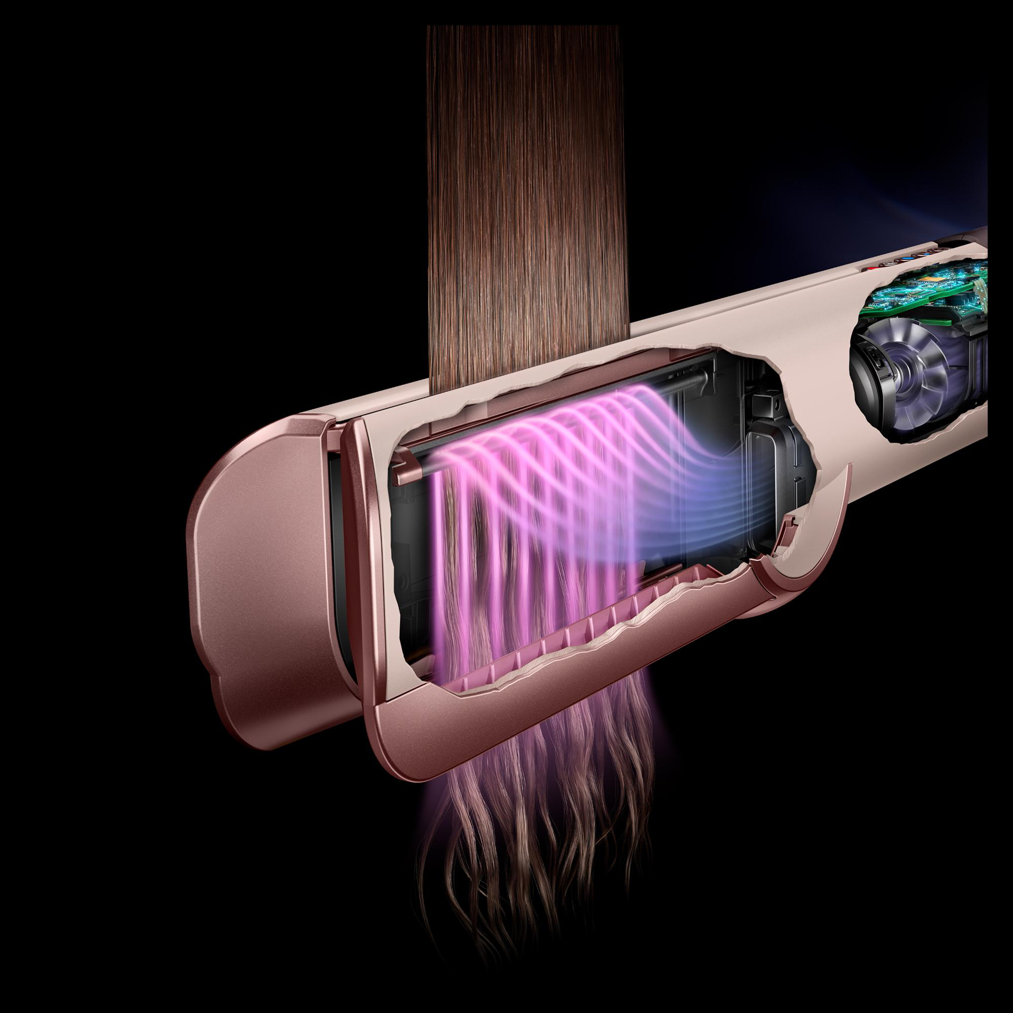 Haarglätter mit rosa Gehäuse und sichtbaren Innenteilen, die rosa und blaue Luft ausstoßen.