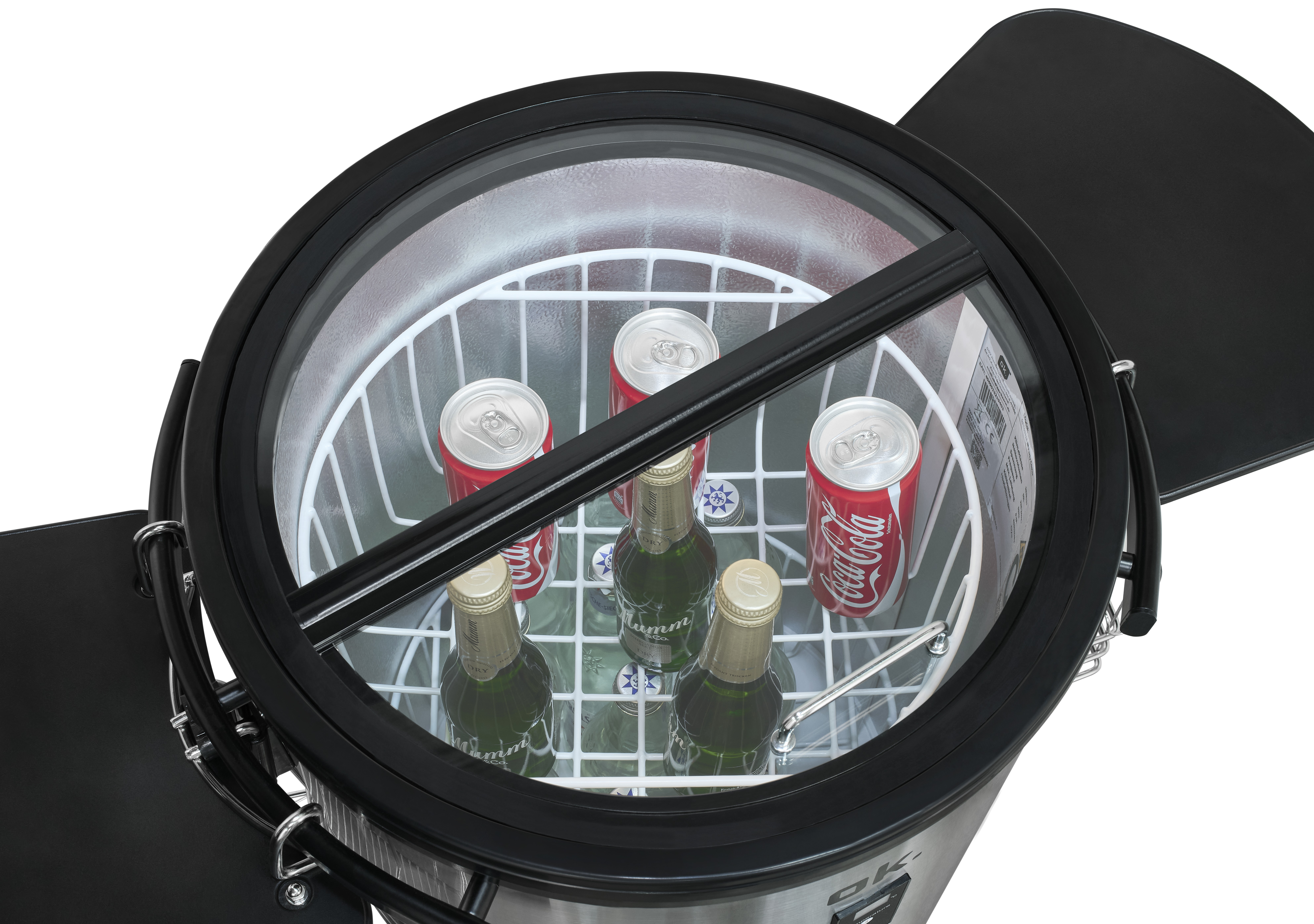 Kühlbox mit Glasdeckel, enthält Coca-Cola-Dosen und grüne Glasflaschen.