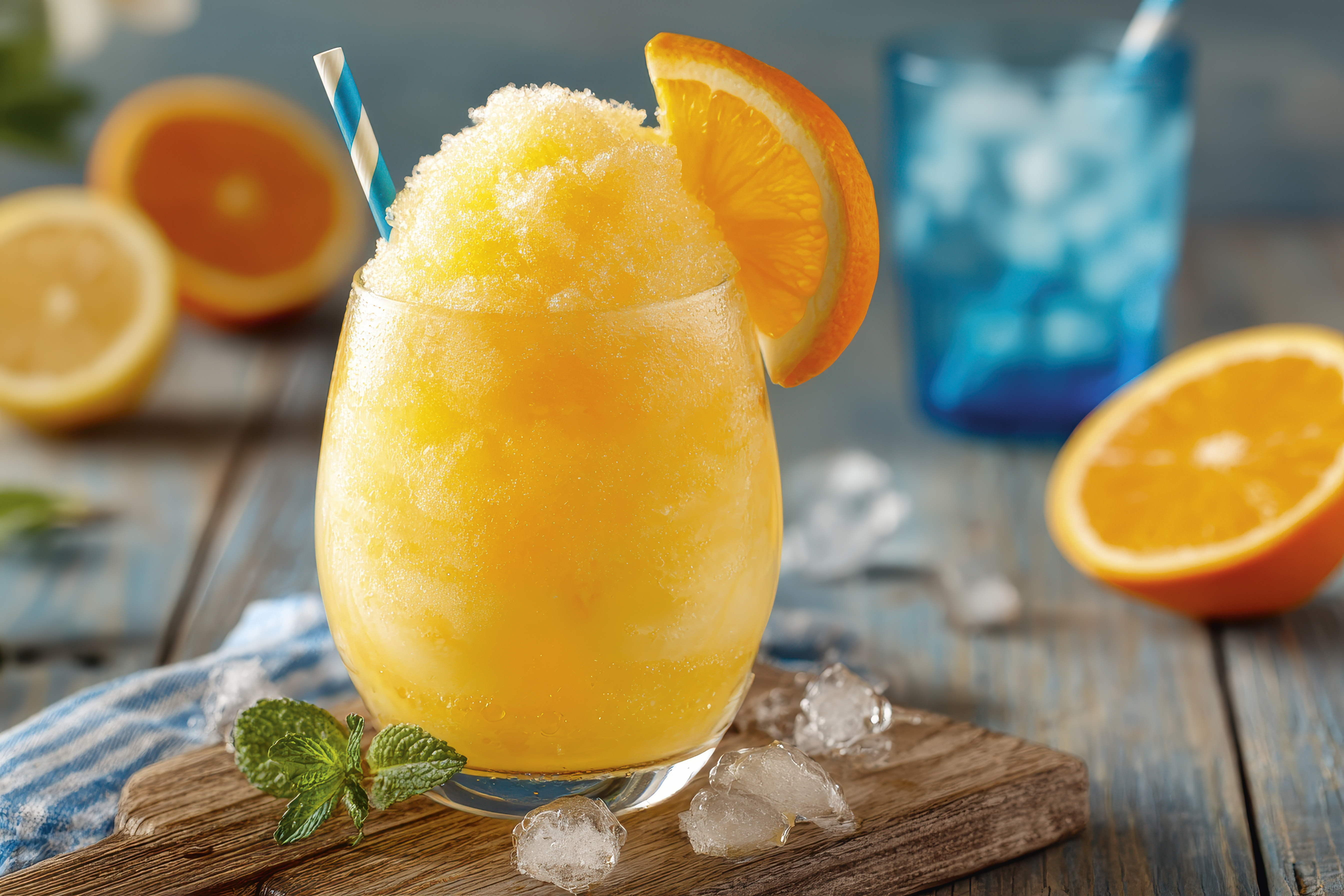Een ijzige oranje slush met munt, sinaasappel en citroenschijfjes.