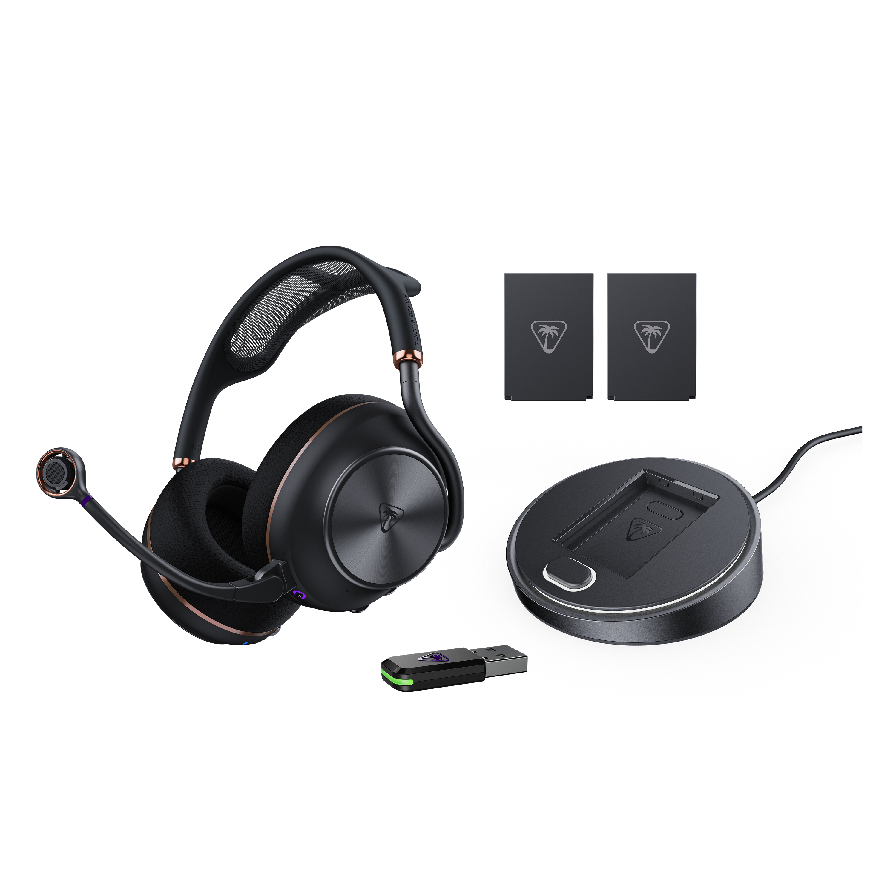 Schwarzer Gaming-Kopfhörer mit Mikrofon, Ladestation, Dongle und zwei Boxen.
