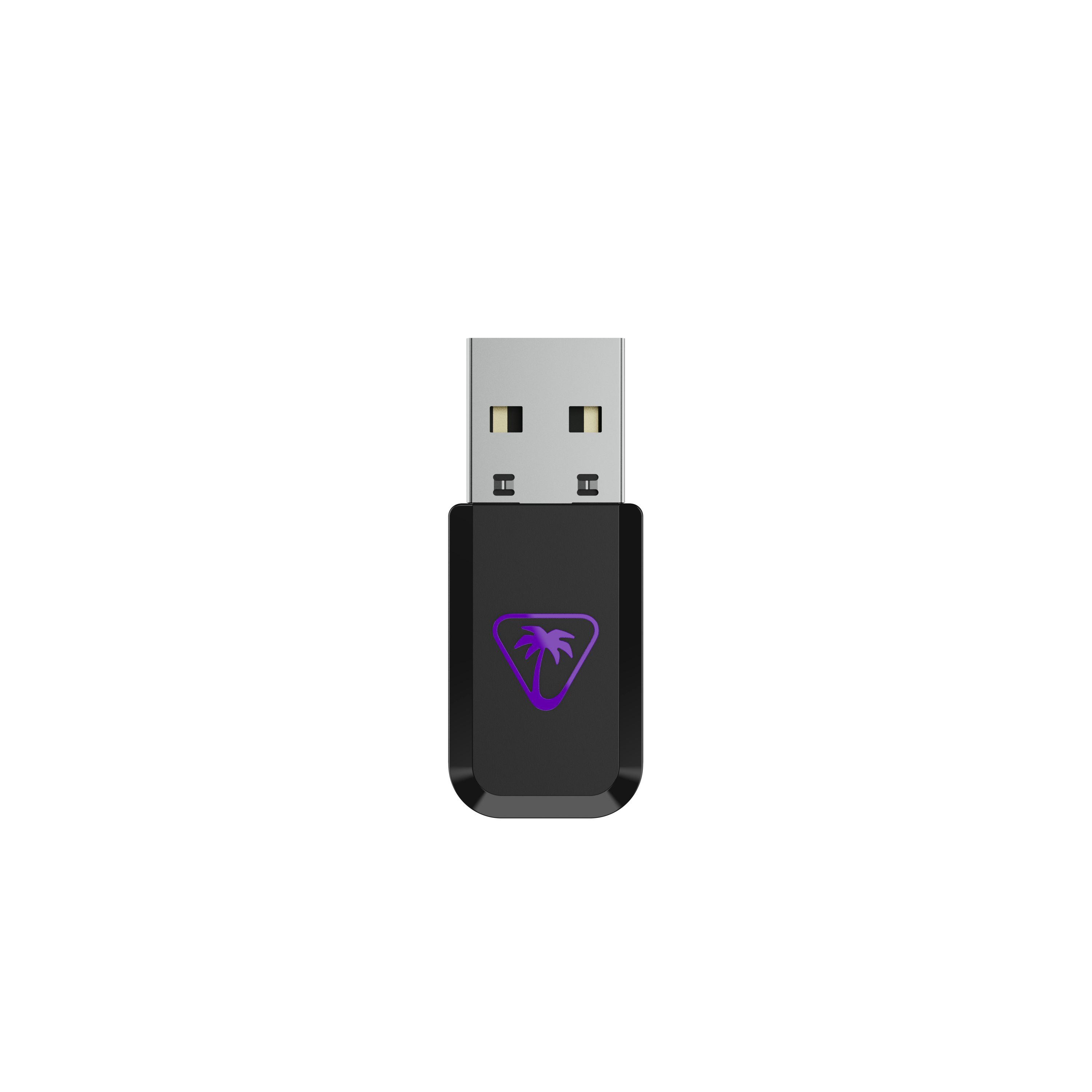 Schwarzer USB-Stick mit violettem Palmenlogo.