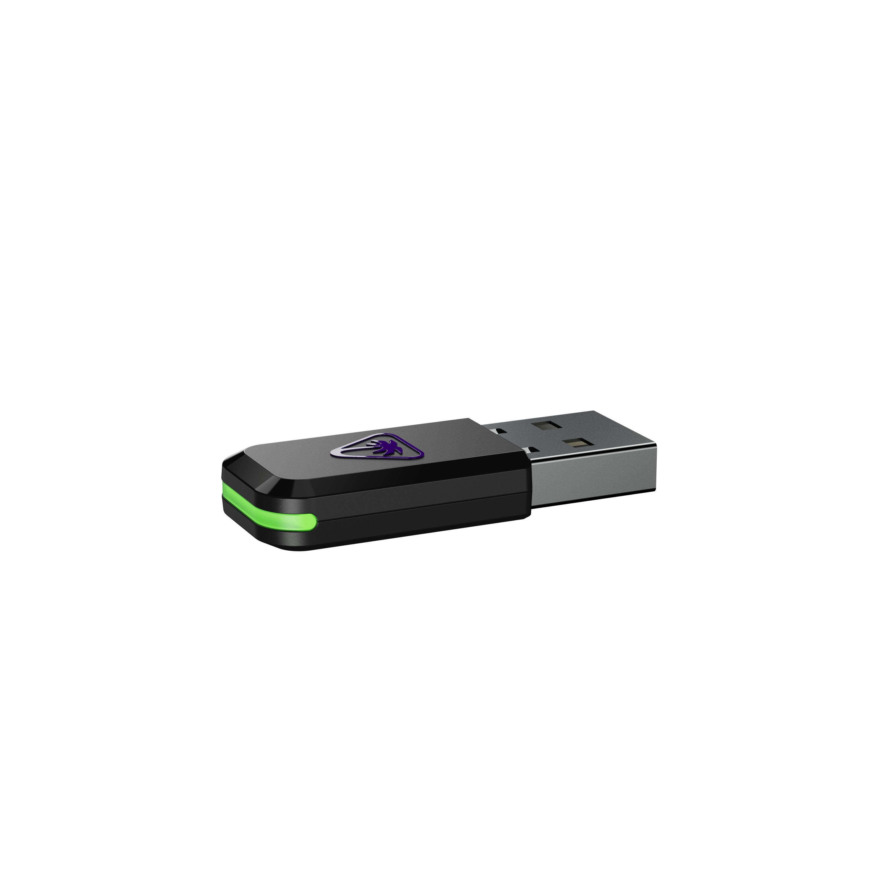 Schwarzer USB-Dongle mit lila Logo und grüner LED.