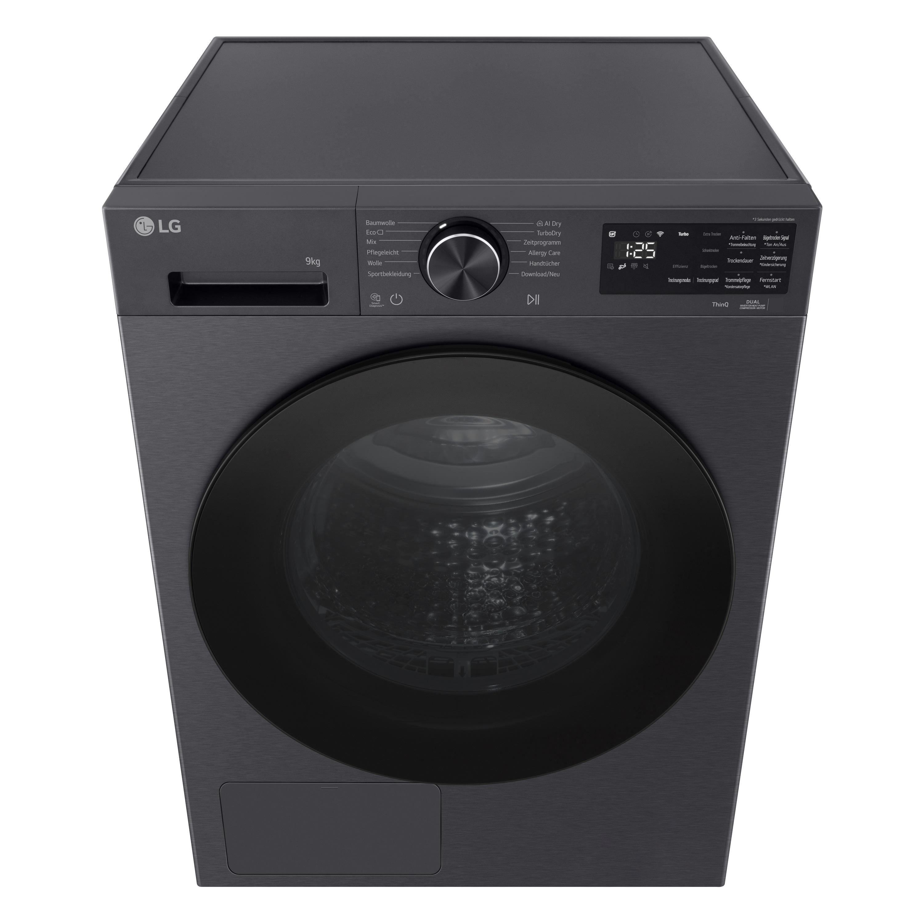 Dunkelgraue LG Waschmaschine mit digitalem Display und Programmauswahl.