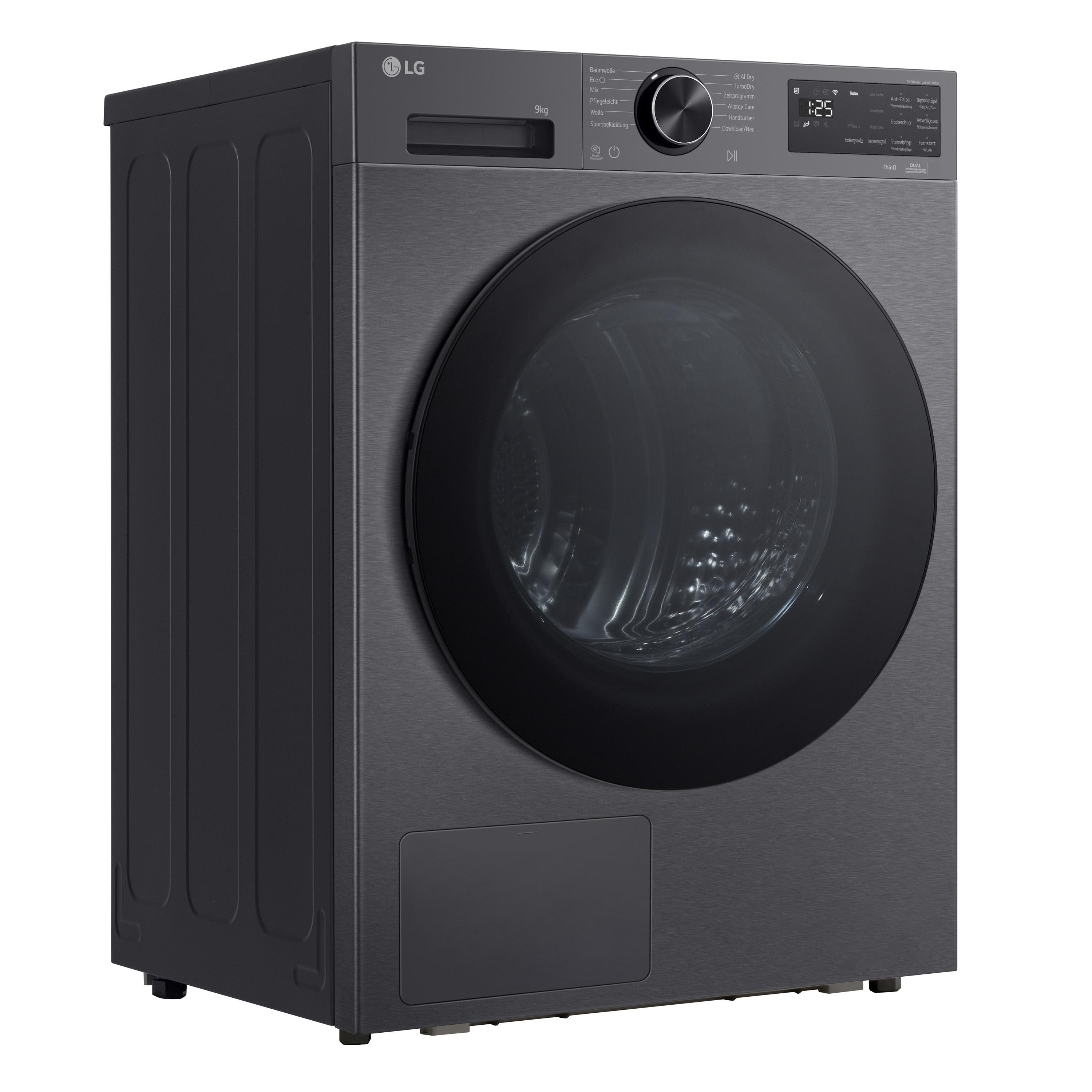Graue LG Waschmaschine mit großem schwarzen Bullauge und digitalem Bedienfeld.