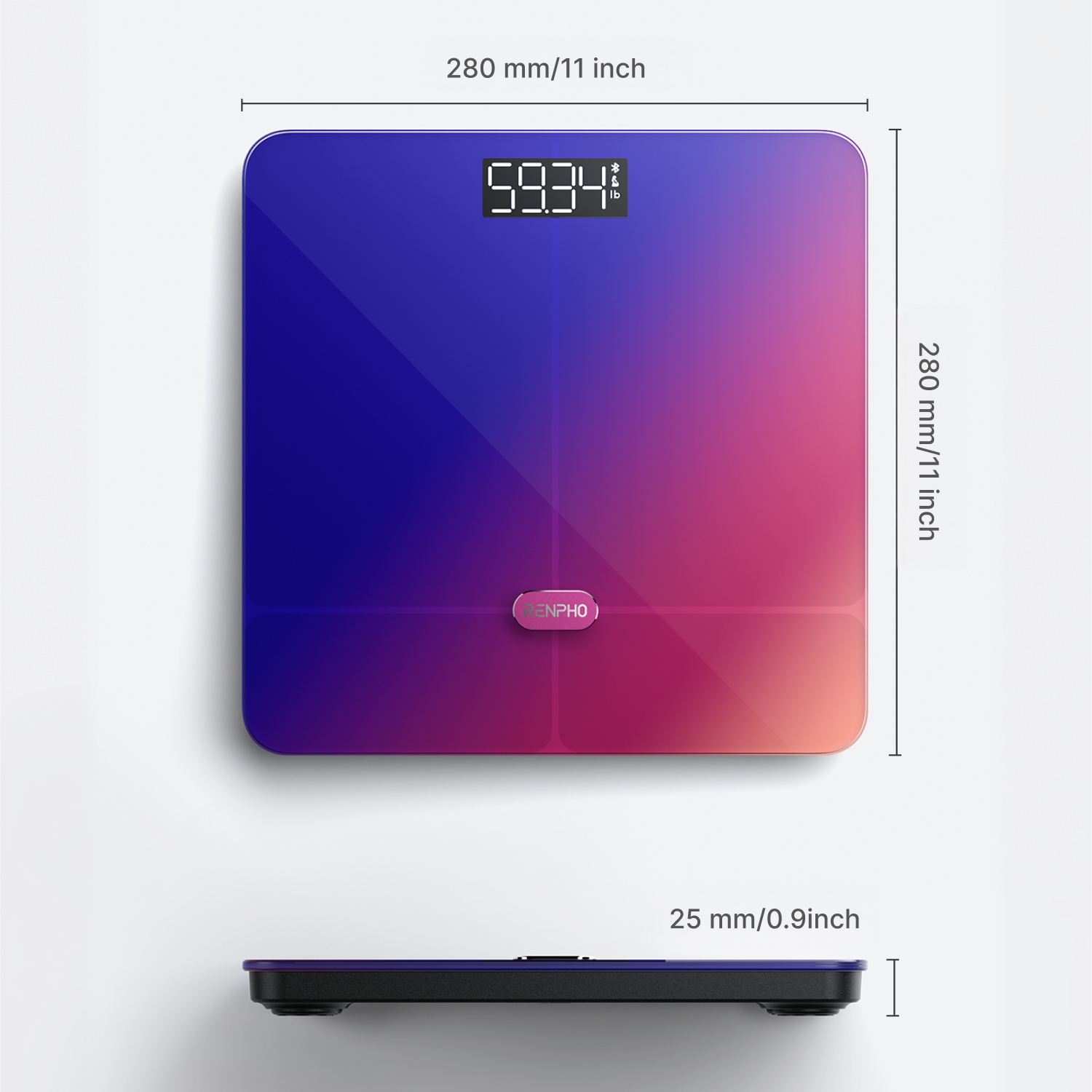Una báscula digital cuadrada con gradiente de azul a rosa, que muestra 59.34.