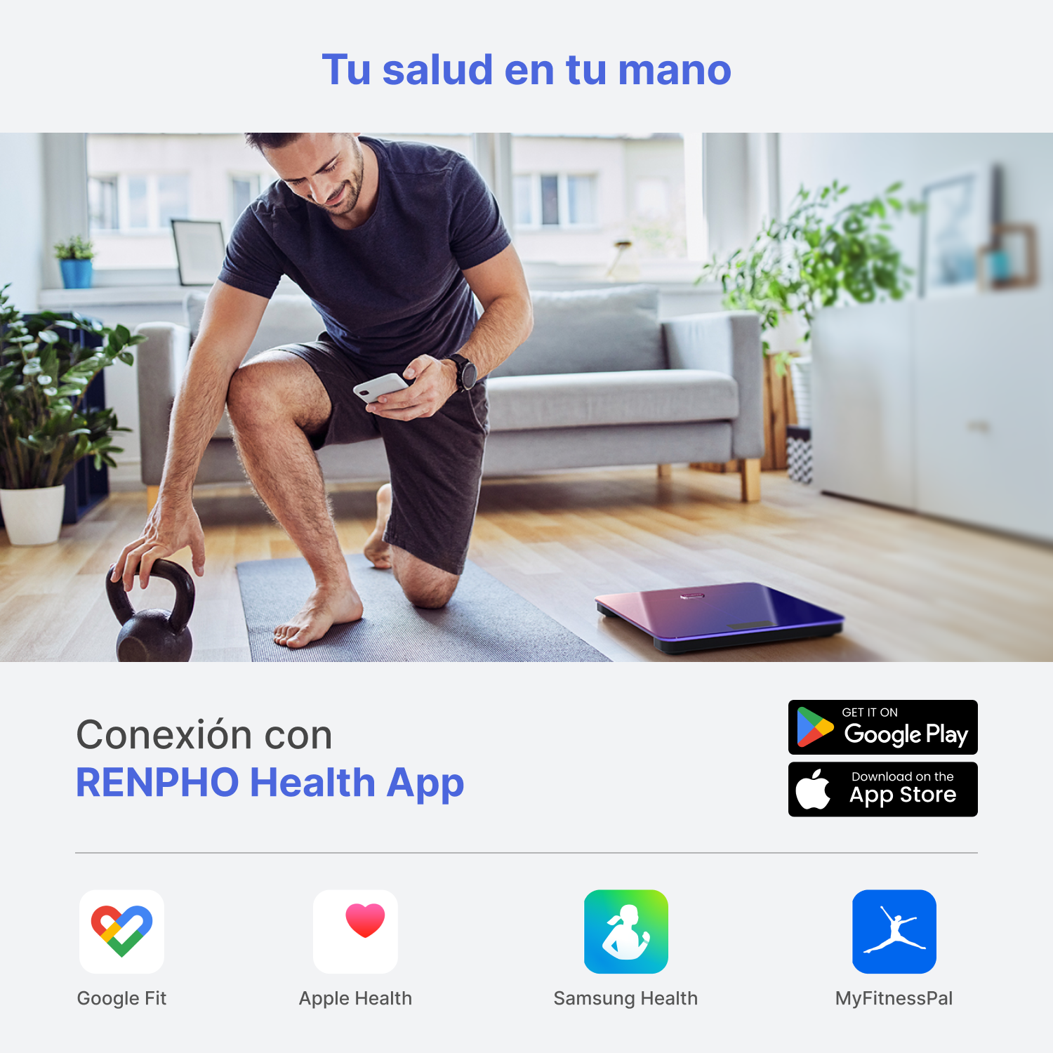 Hombre con móvil y pesa rusa cerca de una báscula, logos de apps abajo.