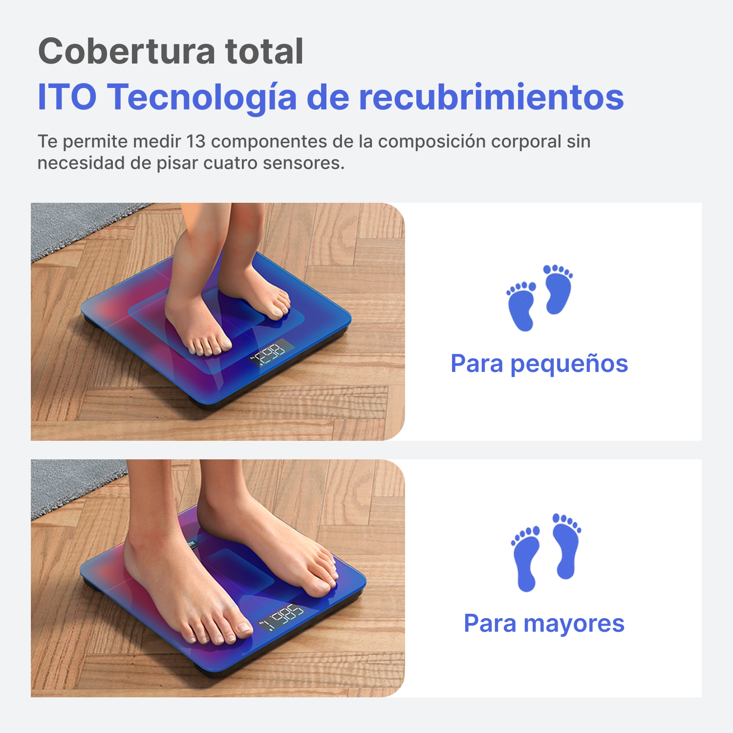 Un bebé y un adulto en básculas azules con etiqueta ITO.