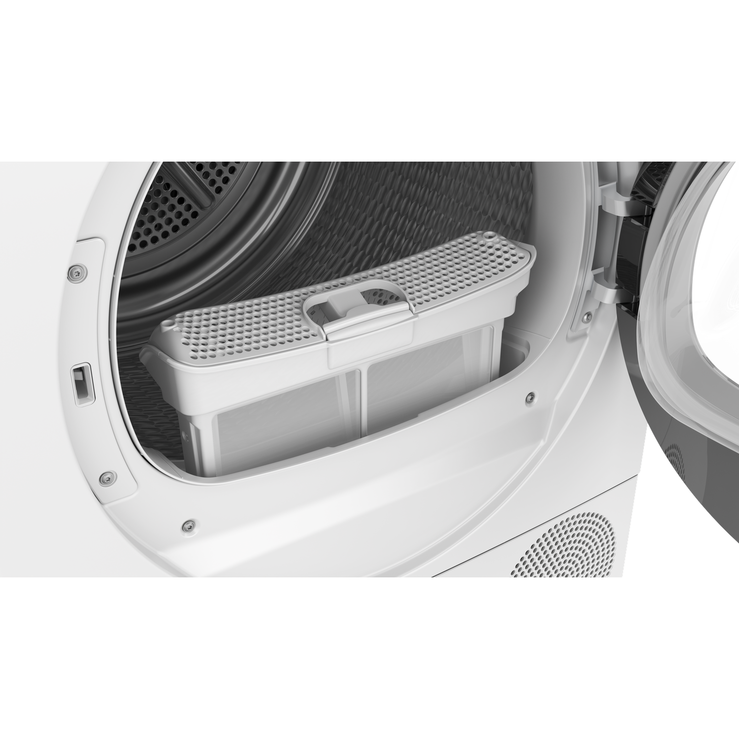 A white lint filter with a handle sits inside an open white dryer drum.