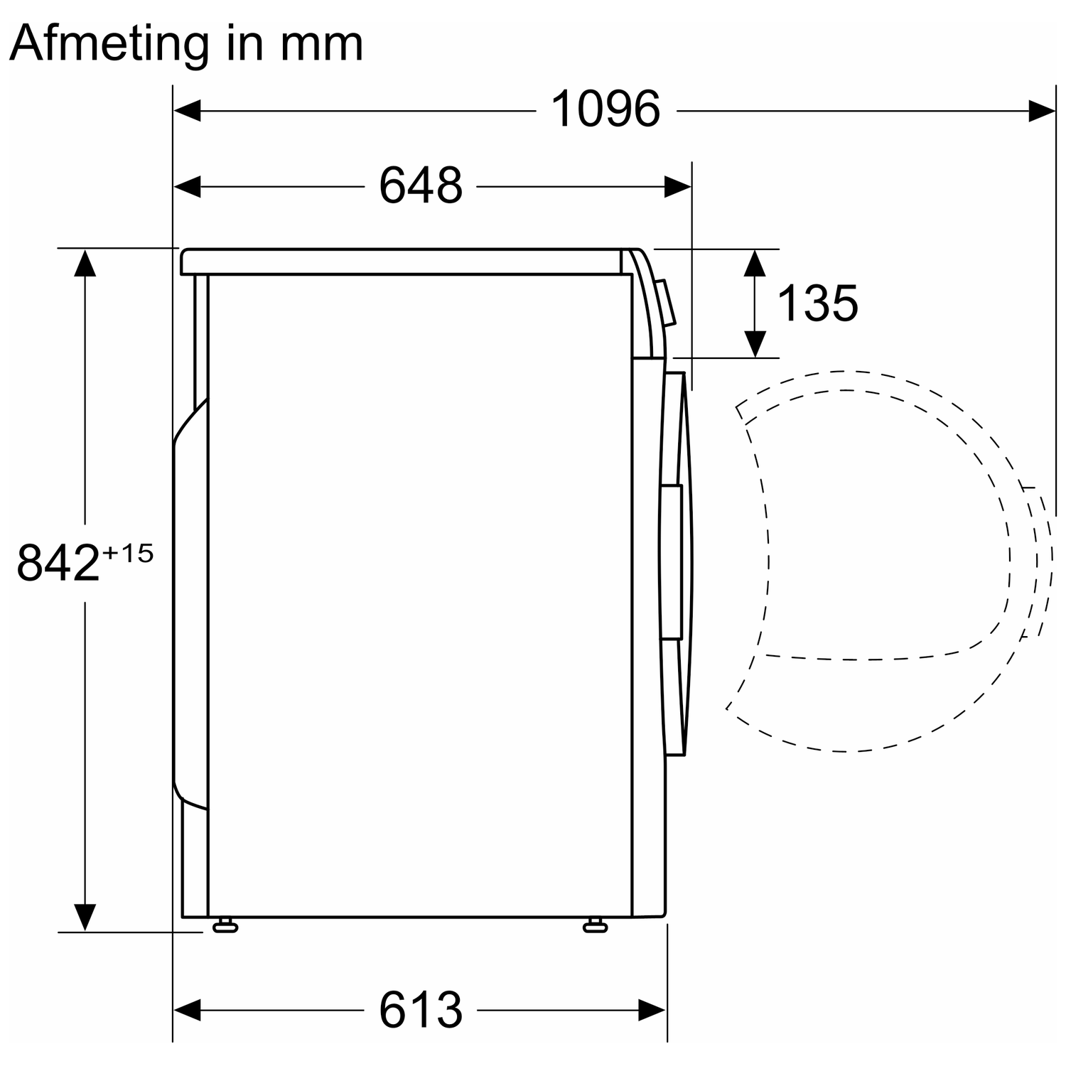 Technical drawing of a washing machine with dimensions in mm.