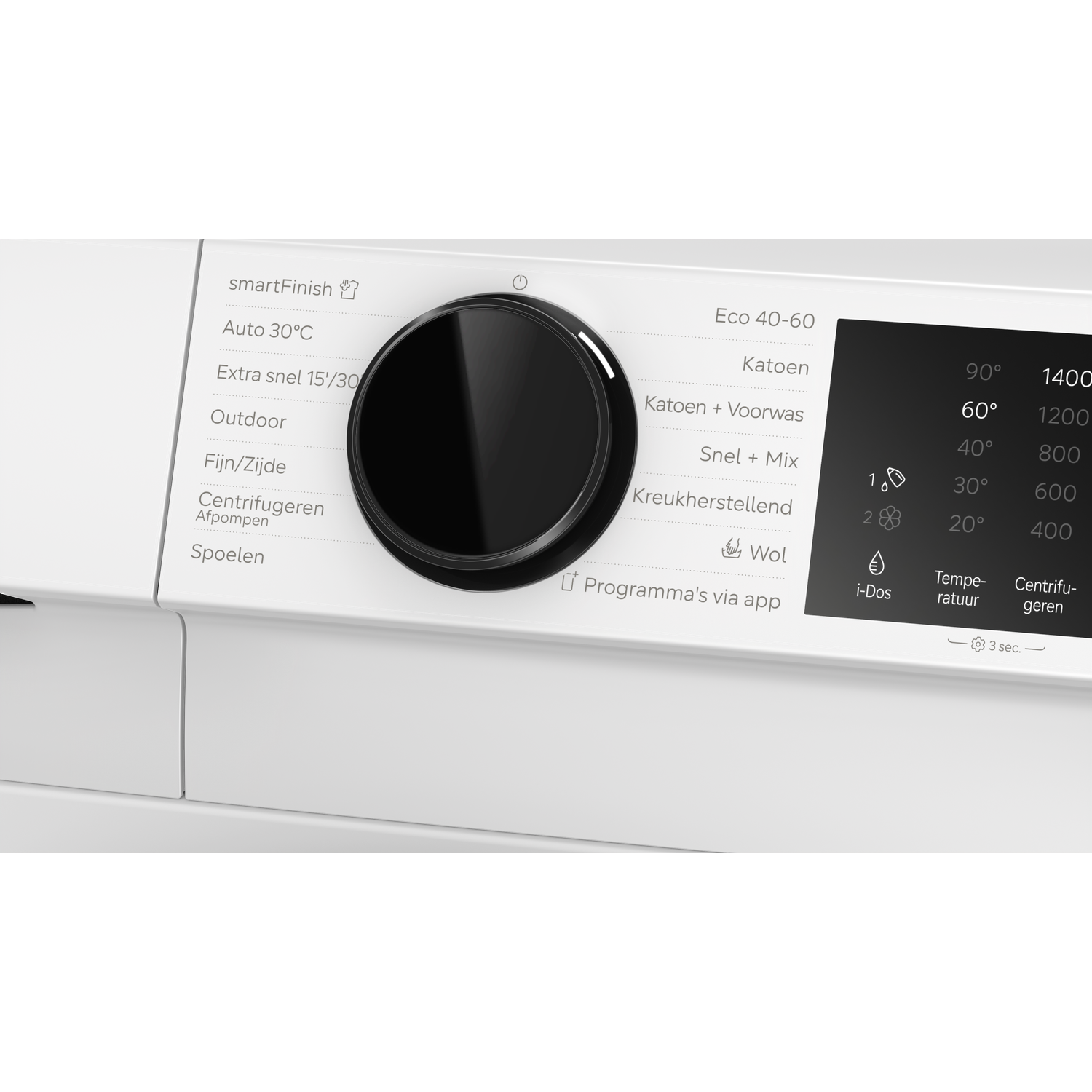 Close-up of a white washing machine control panel with a program dial and digital display.