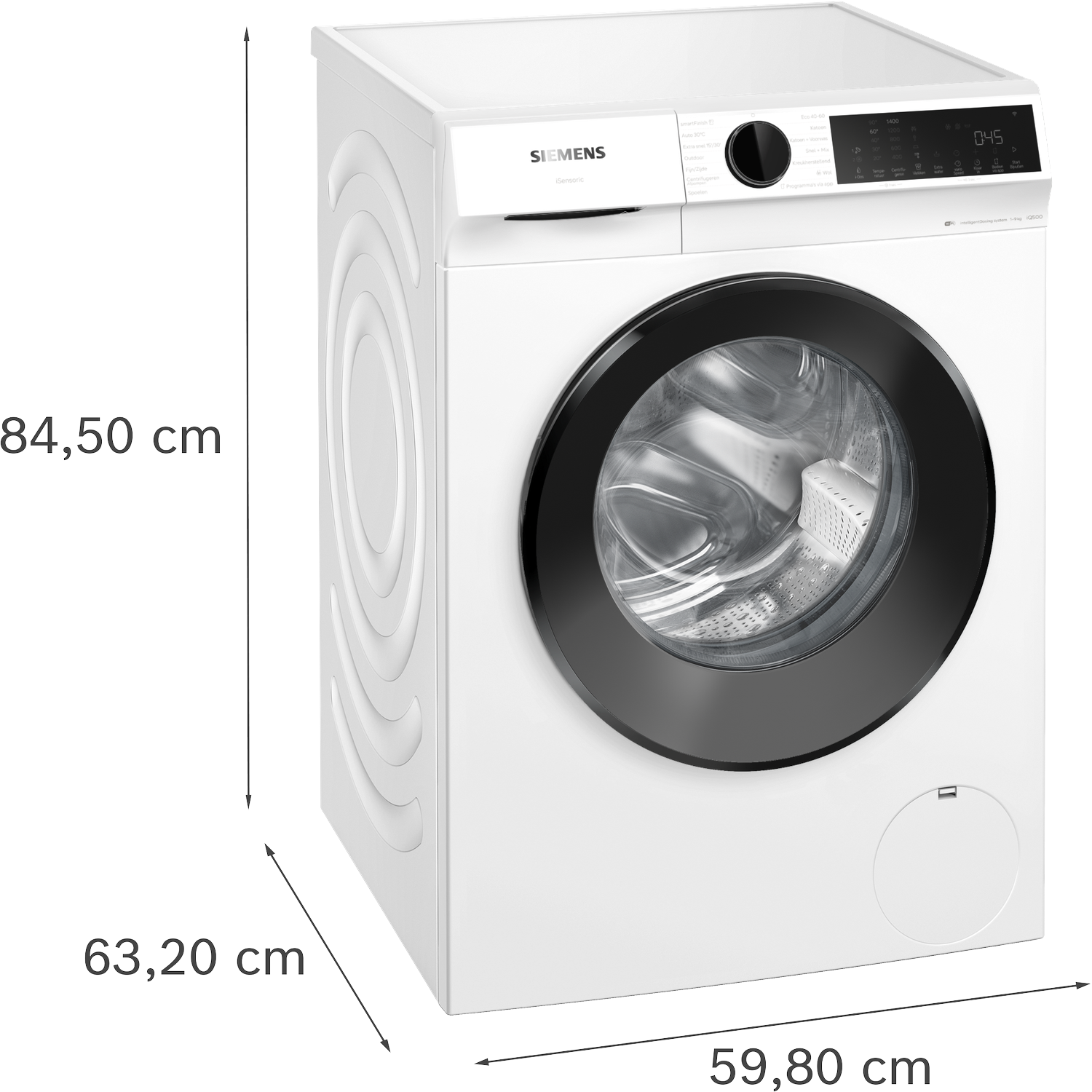 White Siemens washing machine with black door and digital display. Dimensions shown.