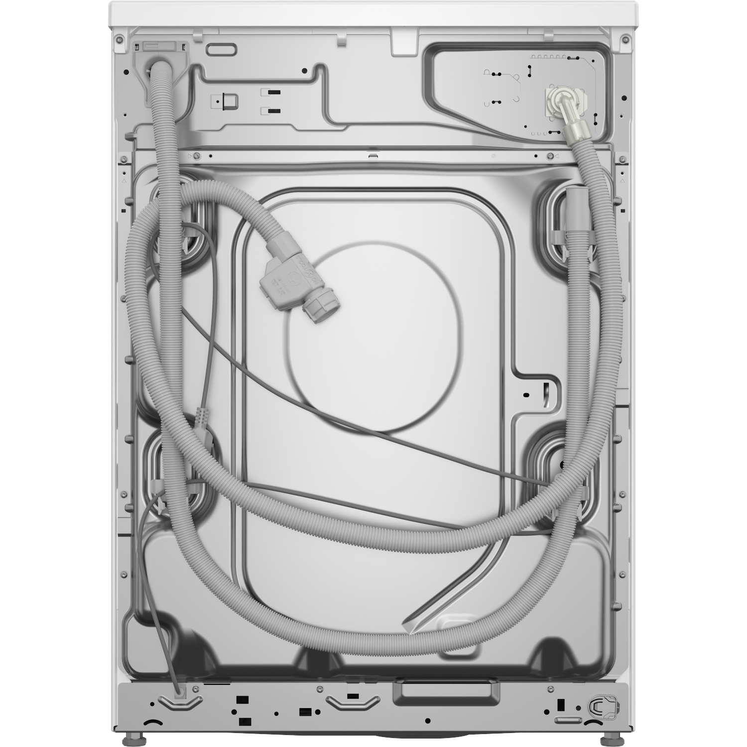 Back of a washing machine showing hoses and connections.