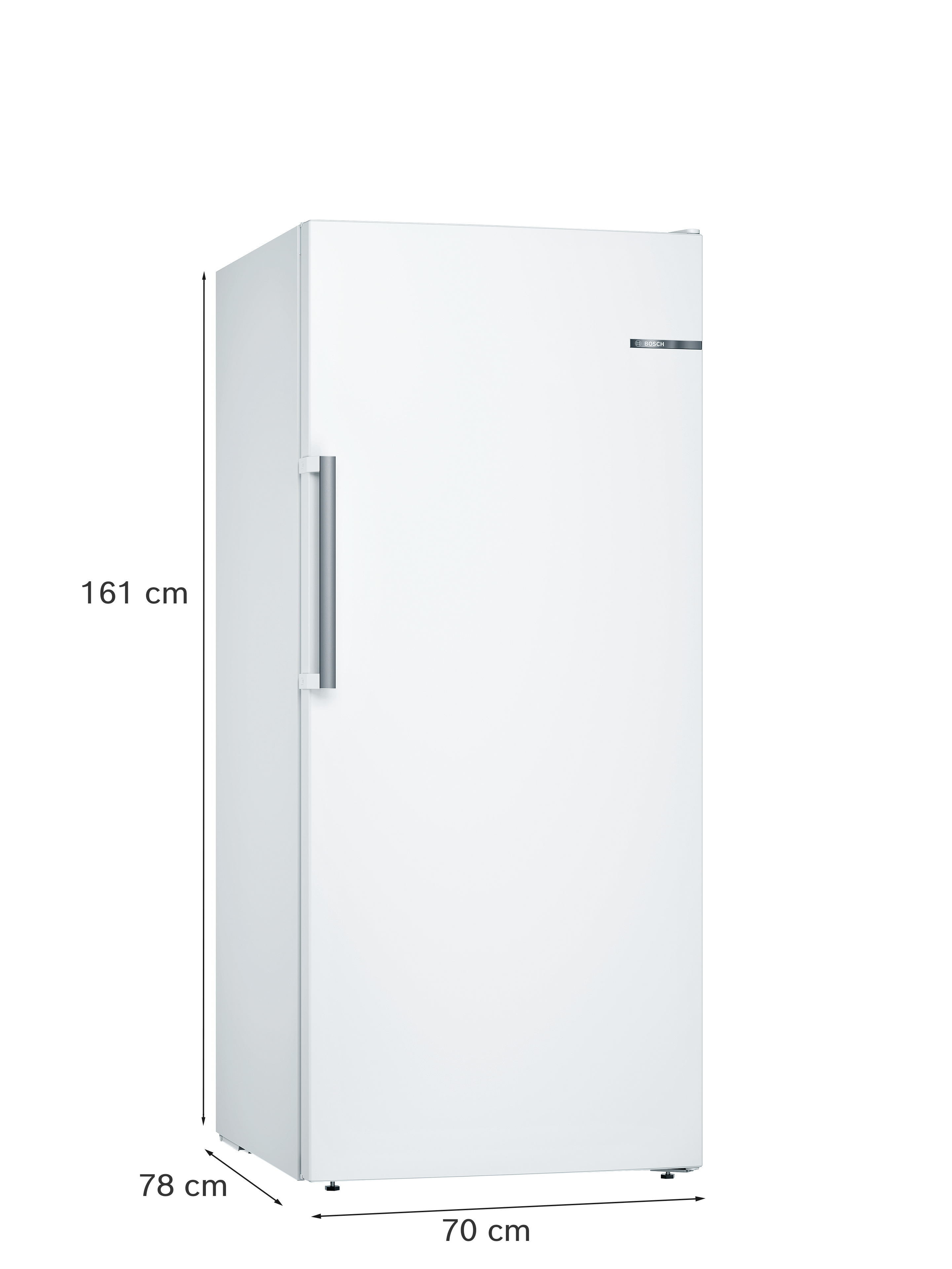 Ein weißer Bosch-Kühlschrank mit silbernem Griff, 161x78x70 cm.