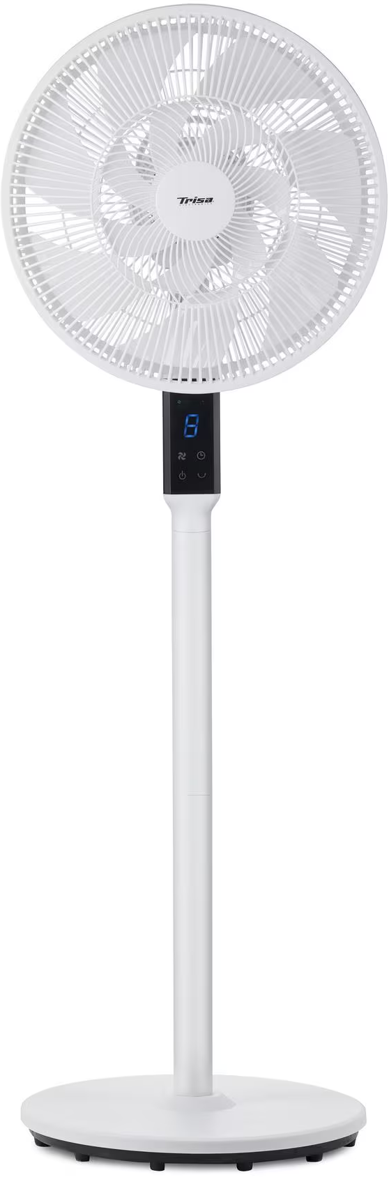 Ein weißer Standventilator mit einem digitalen Display und Bedienelementen.