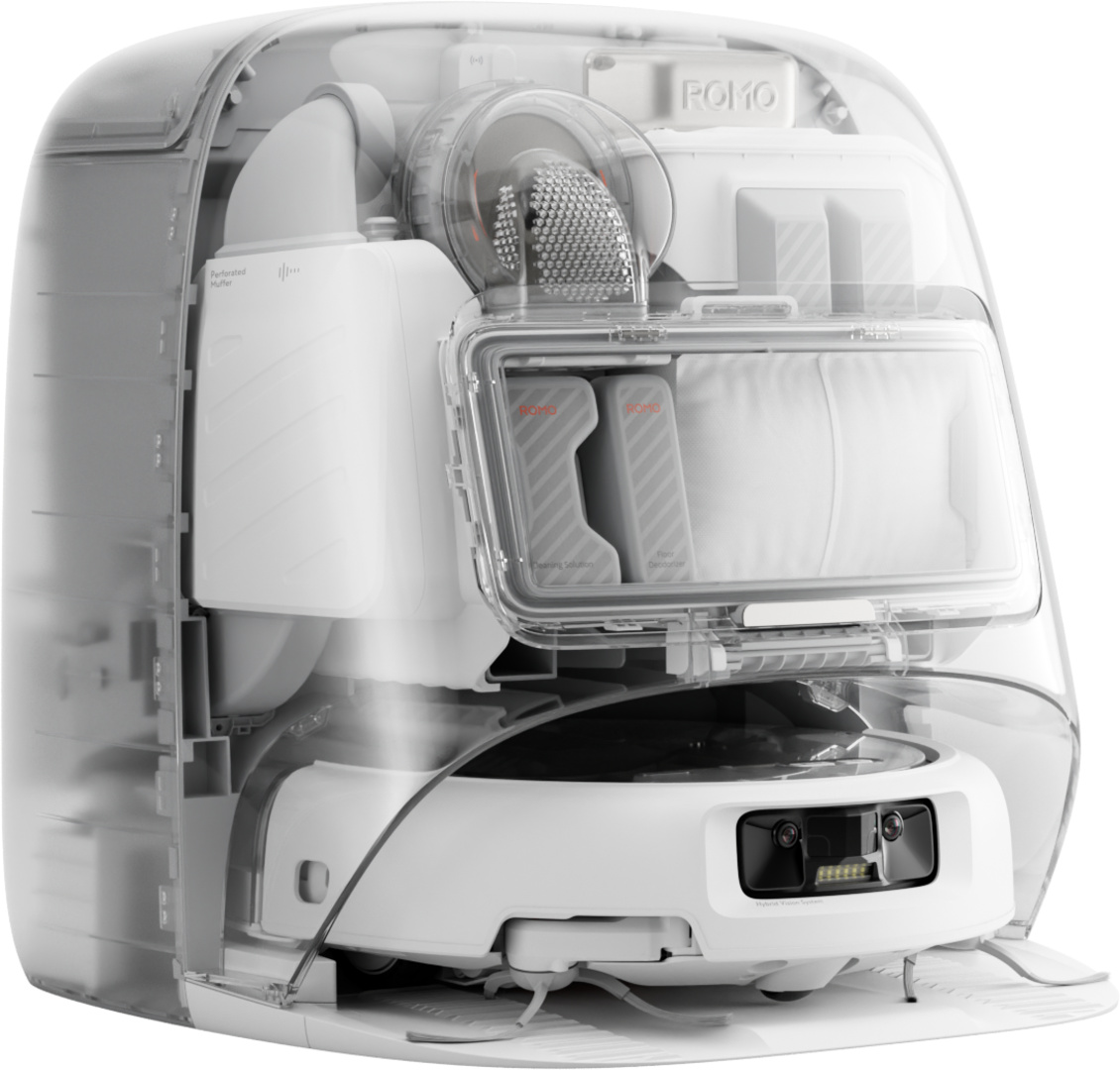 Aspirapolvere robot trasparente con componenti interni visibili. Due cartucce soluzione.