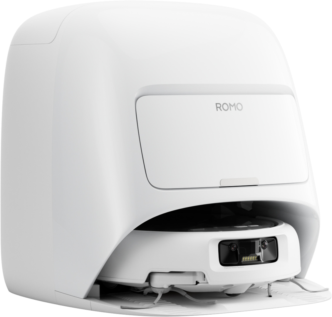 Un aspirateur robot blanc avec caméras frontales et capteurs.
