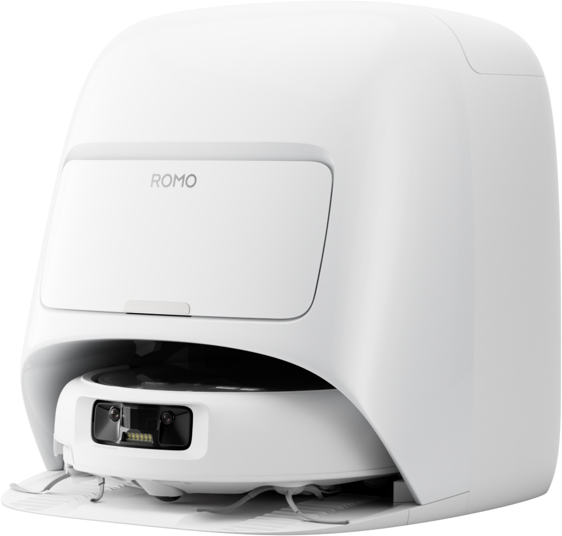 Un aspirateur robot blanc avec des caméras et l'inscription ROMO.
