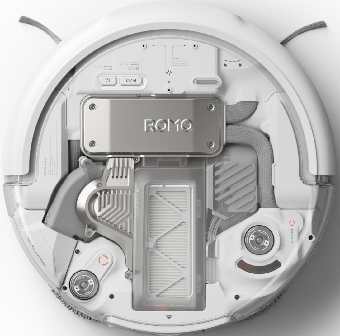 Vue de dessus d'un robot aspirateur blanc avec composants internes exposés et étiquettes.