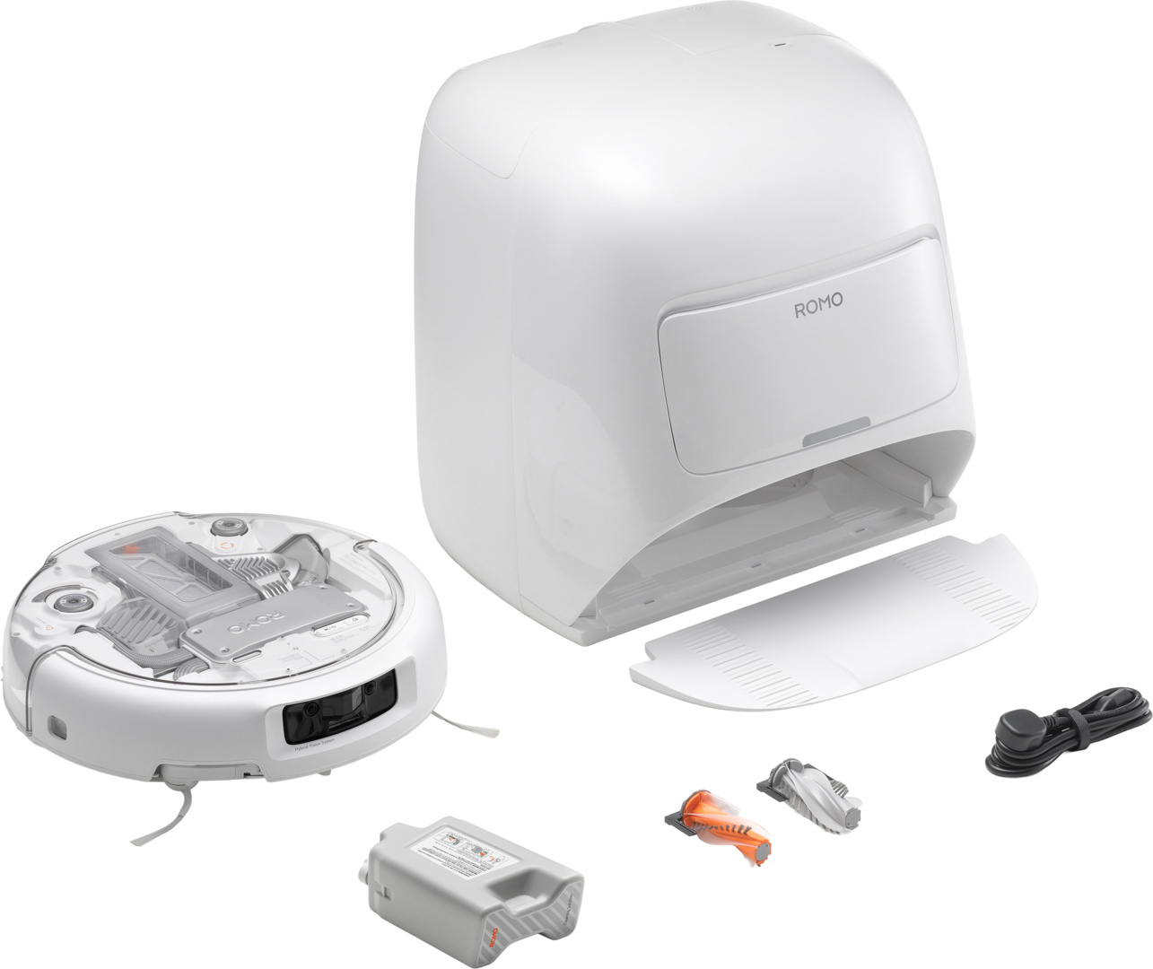 Base blanche pour aspirateur robot, aspirateur démonté, batterie, brosses et câble.