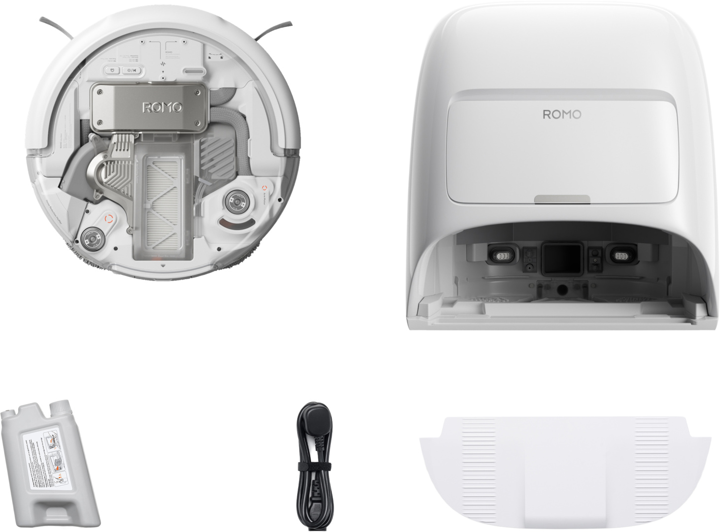 Un aspirateur robot blanc avec accessoires sur fond blanc.