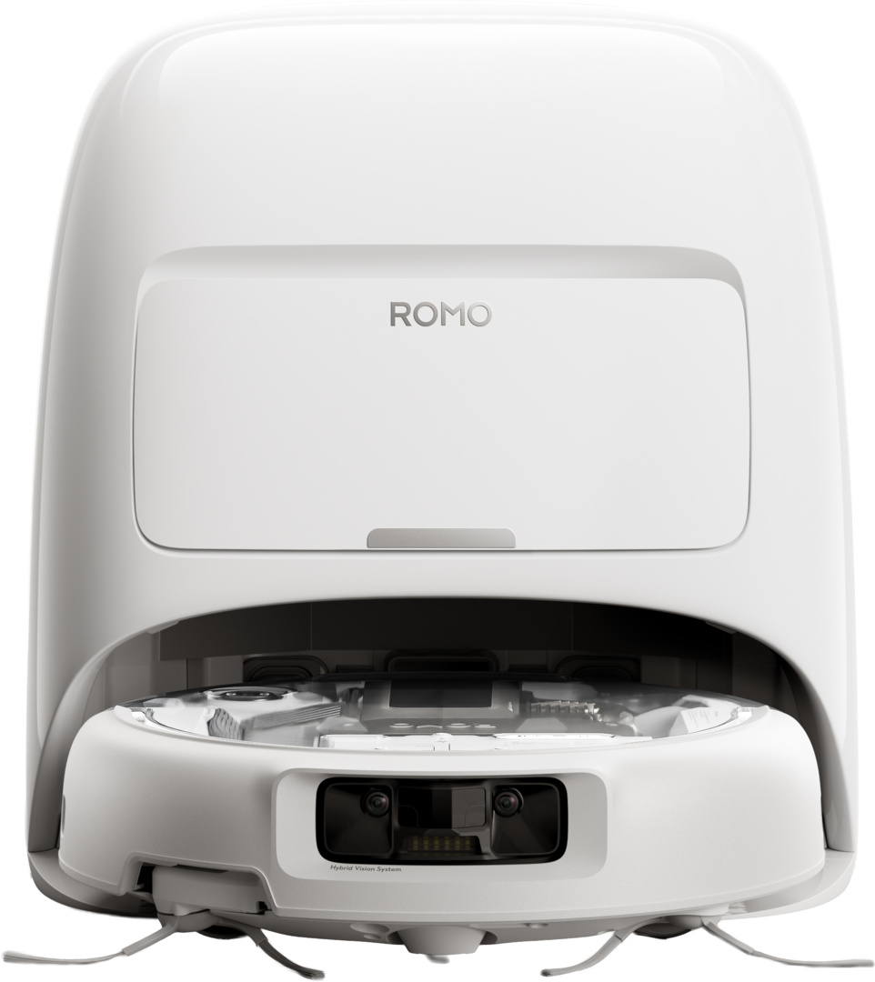 Un aspirateur robot blanc avec la marque ROMO et un système de vision hybride.