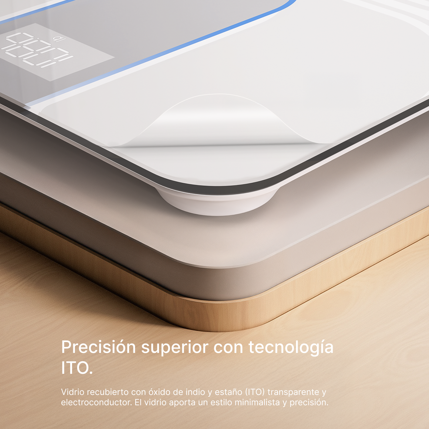 Primer plano de una báscula digital con tecnología ITO y pantalla.