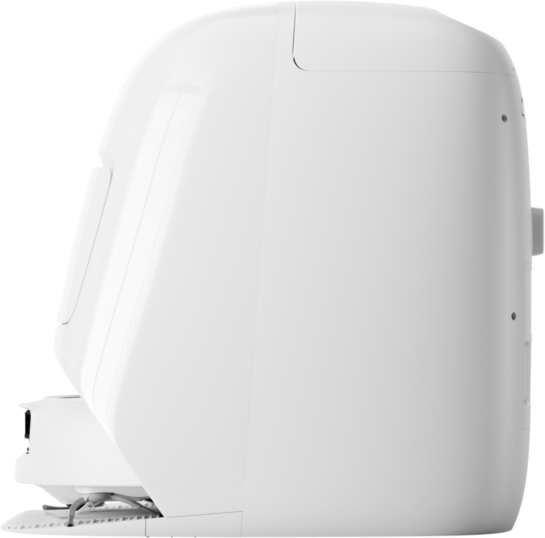 Aspirapolvere robot bianco di lato con spazzole sotto.