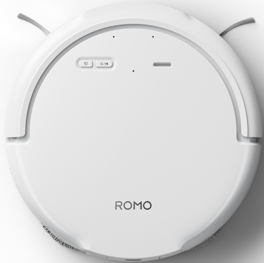 Aspirapolvere robot circolare bianco con logo 'ROMO', pulsanti di accensione e spazzole laterali.