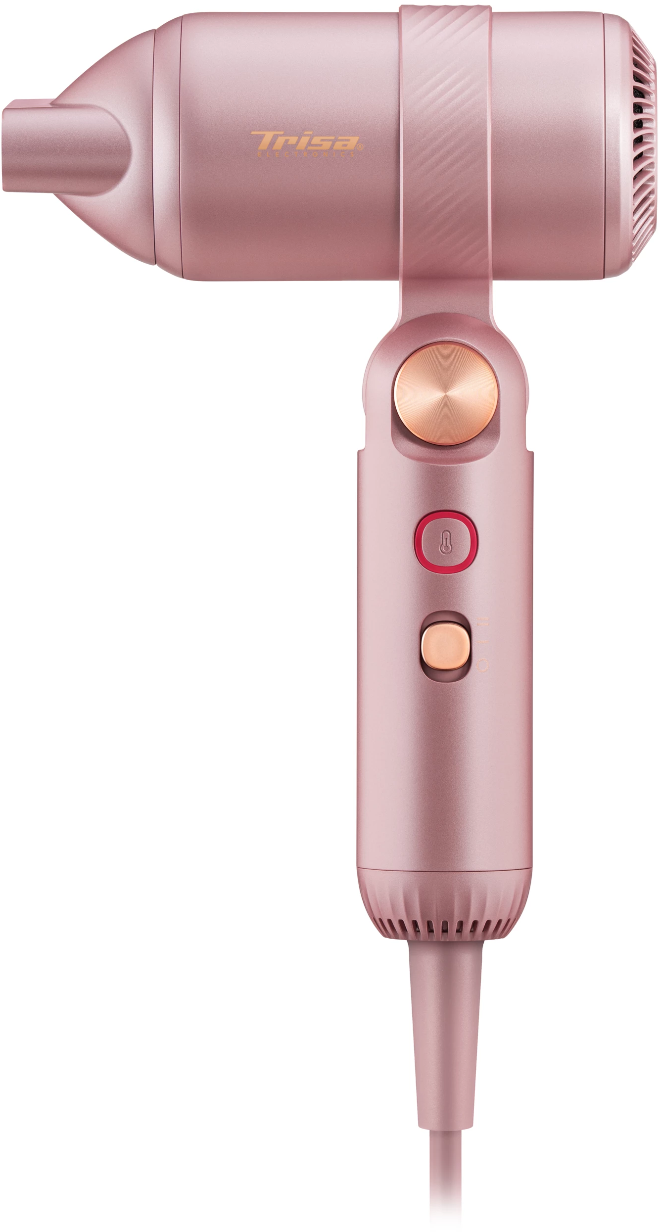 Ein roségoldener Haartrockner mit Trisa-Logo, Knöpfen und Lüftungsschlitzen.