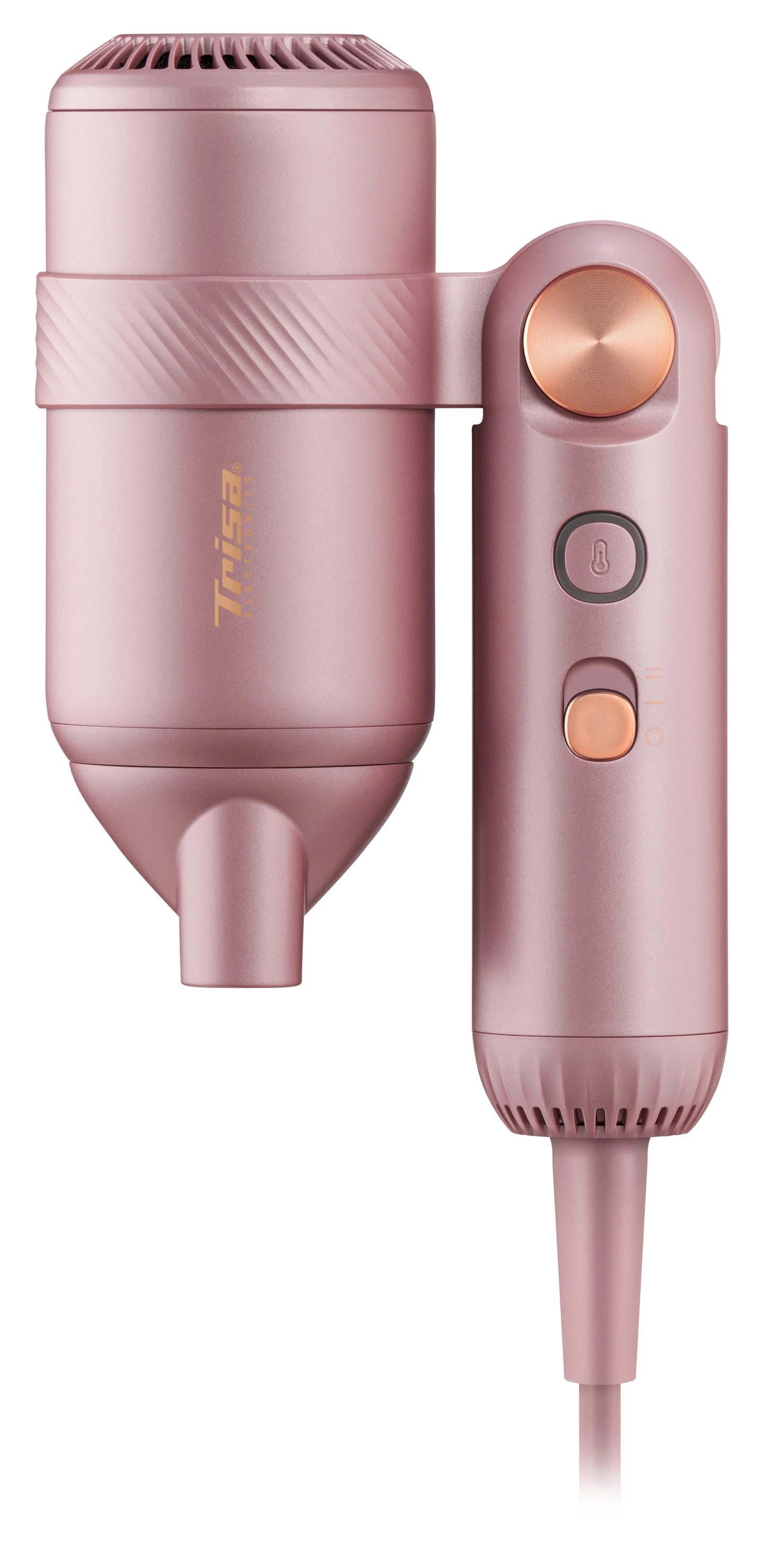 Ein roségoldener Haartrockner mit goldenen Bedienelementen und Belüftungsschlitzen.