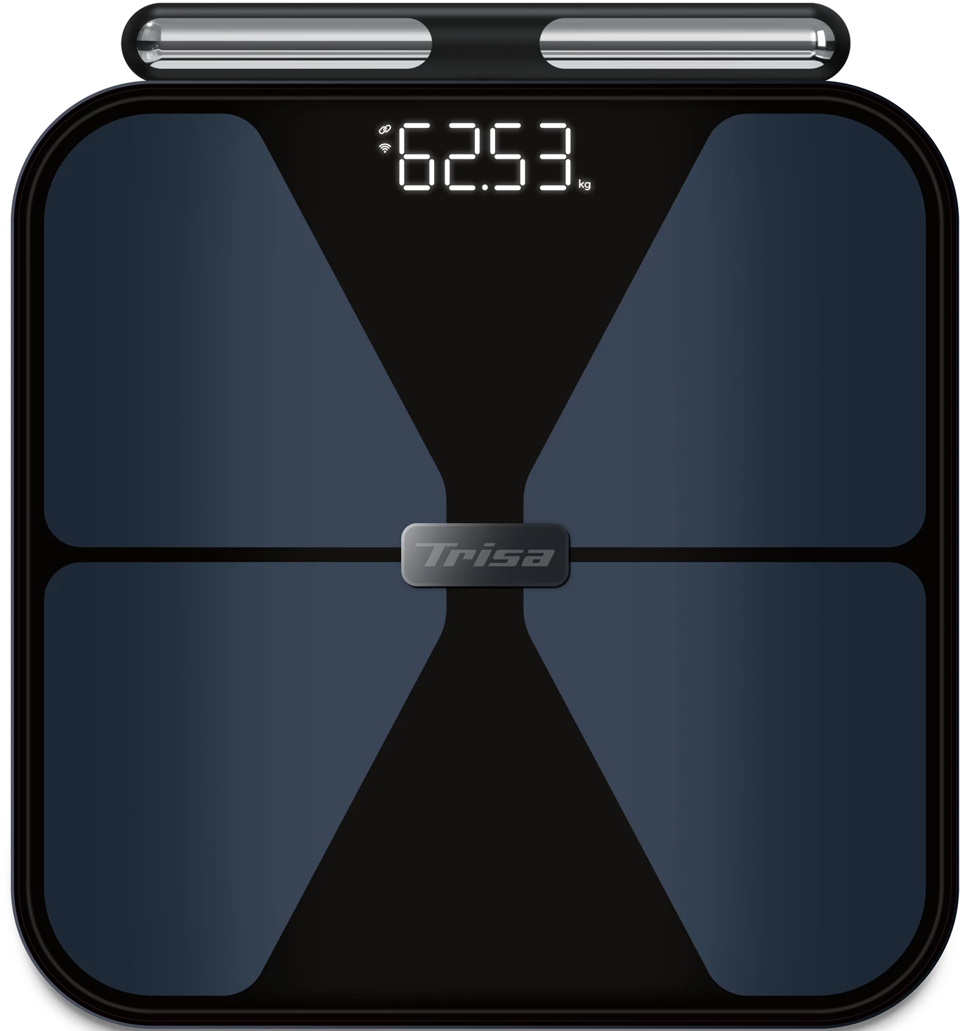 Bilancia nera che mostra 62,53 kg con logo Trisa.