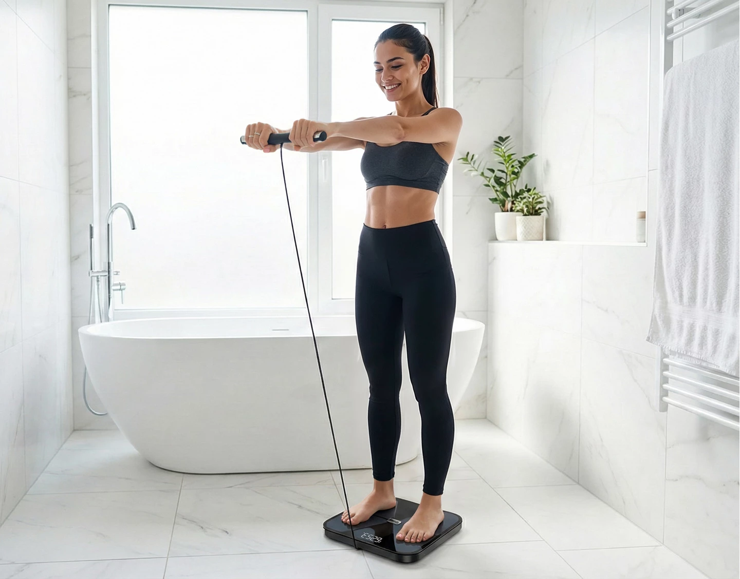 Donna in reggiseno sportivo e leggings su bilancia, tiene maniglia.