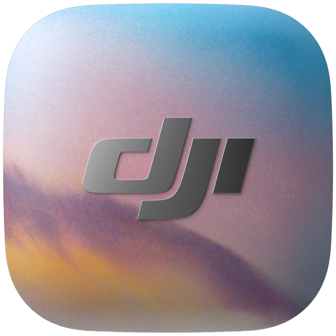 Logo DJI gris sur un fond coloré et brumeux.
