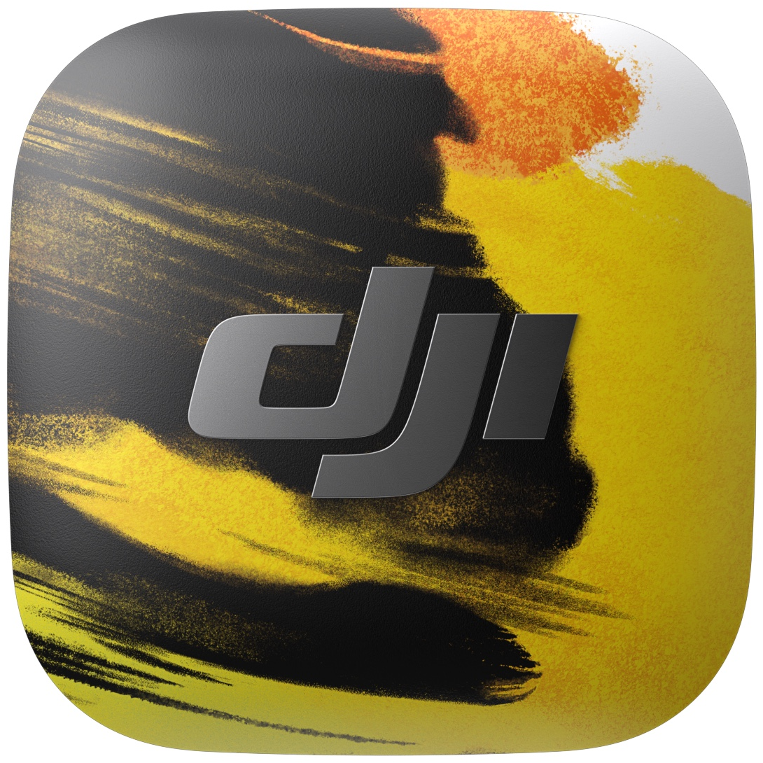 Logo DJI gris sur fond abstrait de coups de pinceau jaunes, noirs et orange.