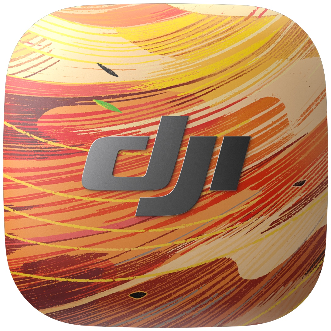 Logo DJI gris sur fond de coups de pinceau colorés orange, rouge et jaune.